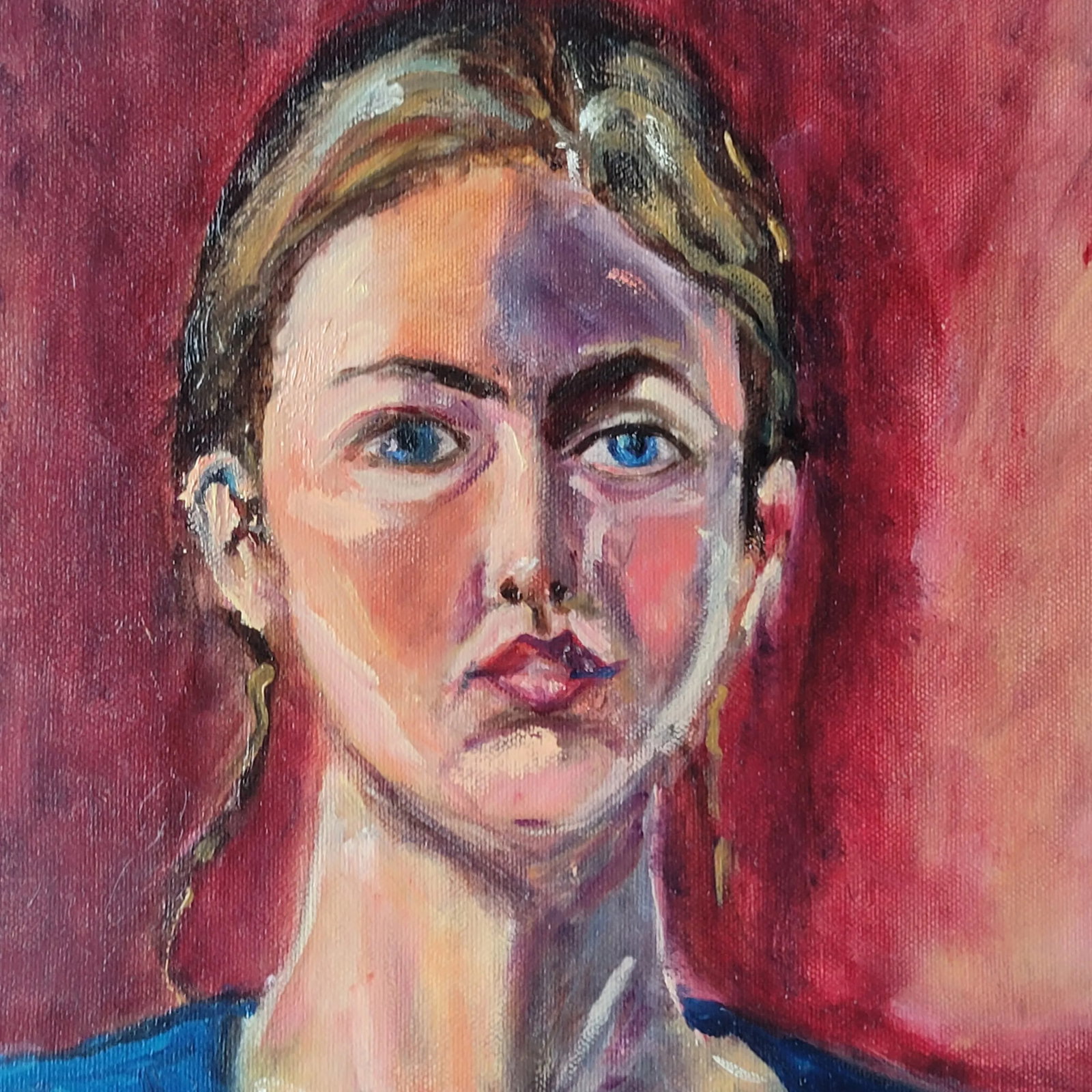 2000s "Woman With Blue Shirt" Expressionist Portrait Oil Painting on Canvas Signed by Rosemary Rabut - 2