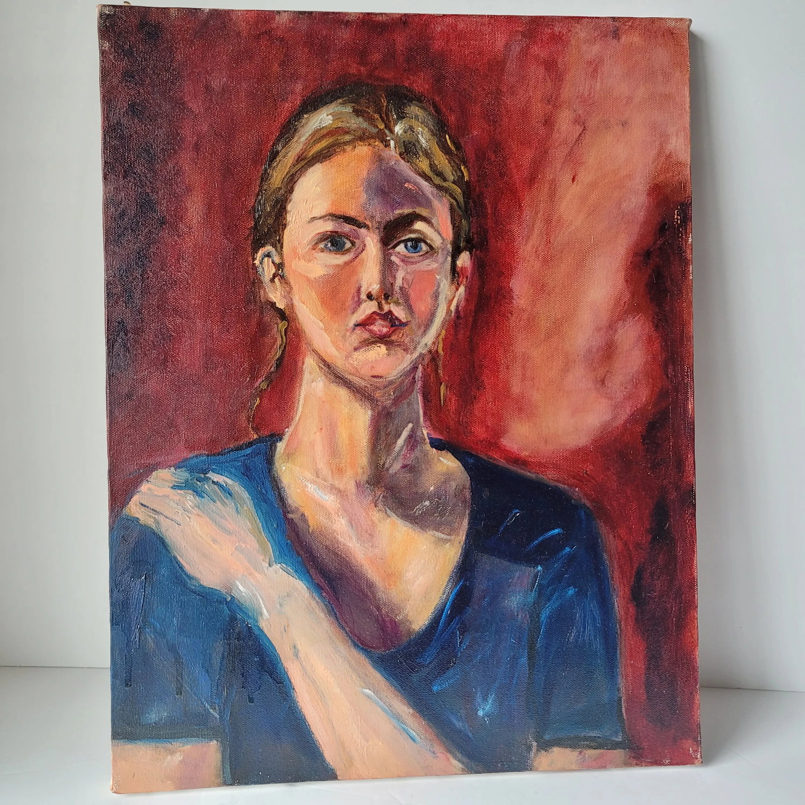2000s "Woman With Blue Shirt" Expressionist Portrait Oil Painting on Canvas Signed by Rosemary Rabut - 6