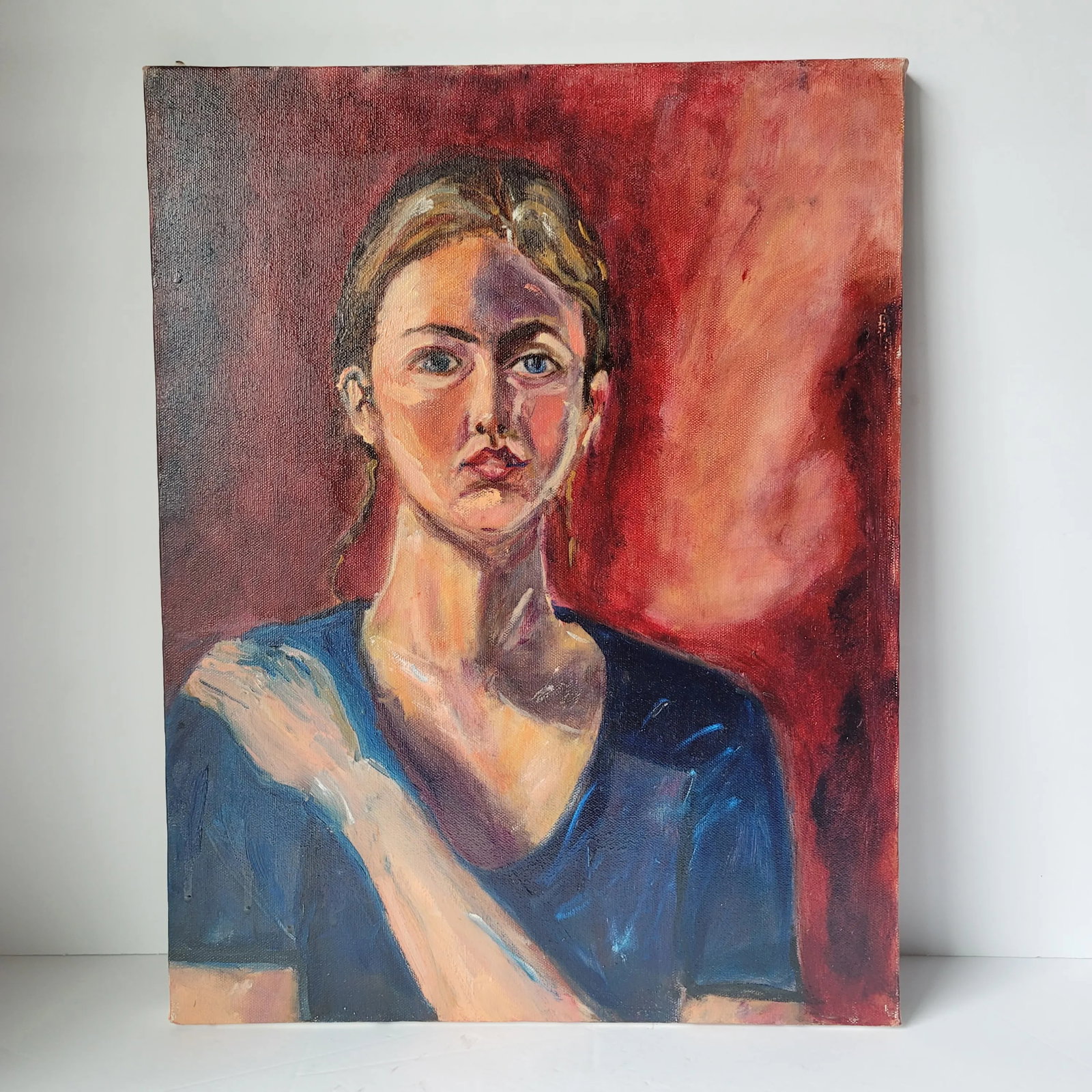 2000s "Woman With Blue Shirt" Expressionist Portrait Oil Painting on Canvas Signed by Rosemary Rabut - 7