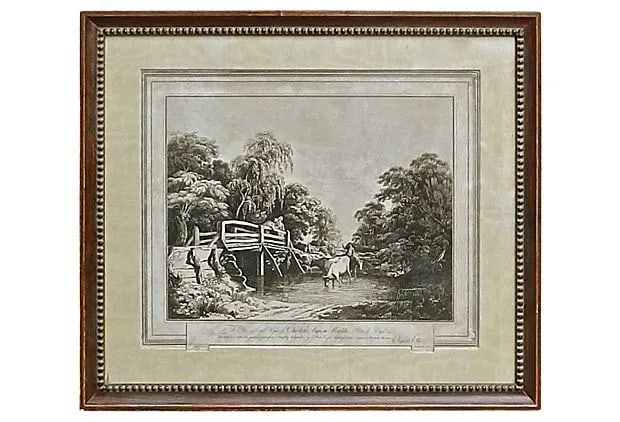 Antique 19th English Country Engraving: This antique, 19th century, English engraving depicts a country scene. Cows drink from the river, surrounded by the lush forest behind them. It is made out of wood, paper, and glass. Condition: