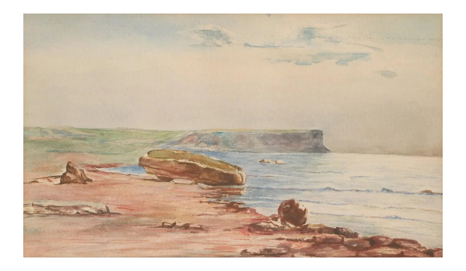 Original Vintage Coastal Watercolor Painting.: A beautifully painted serene coastal scene with gorgeous coloring. Displayed behind glass in a slightly worn beige mat and wood frame. Would look great with a fresh mat, depending on your needs.