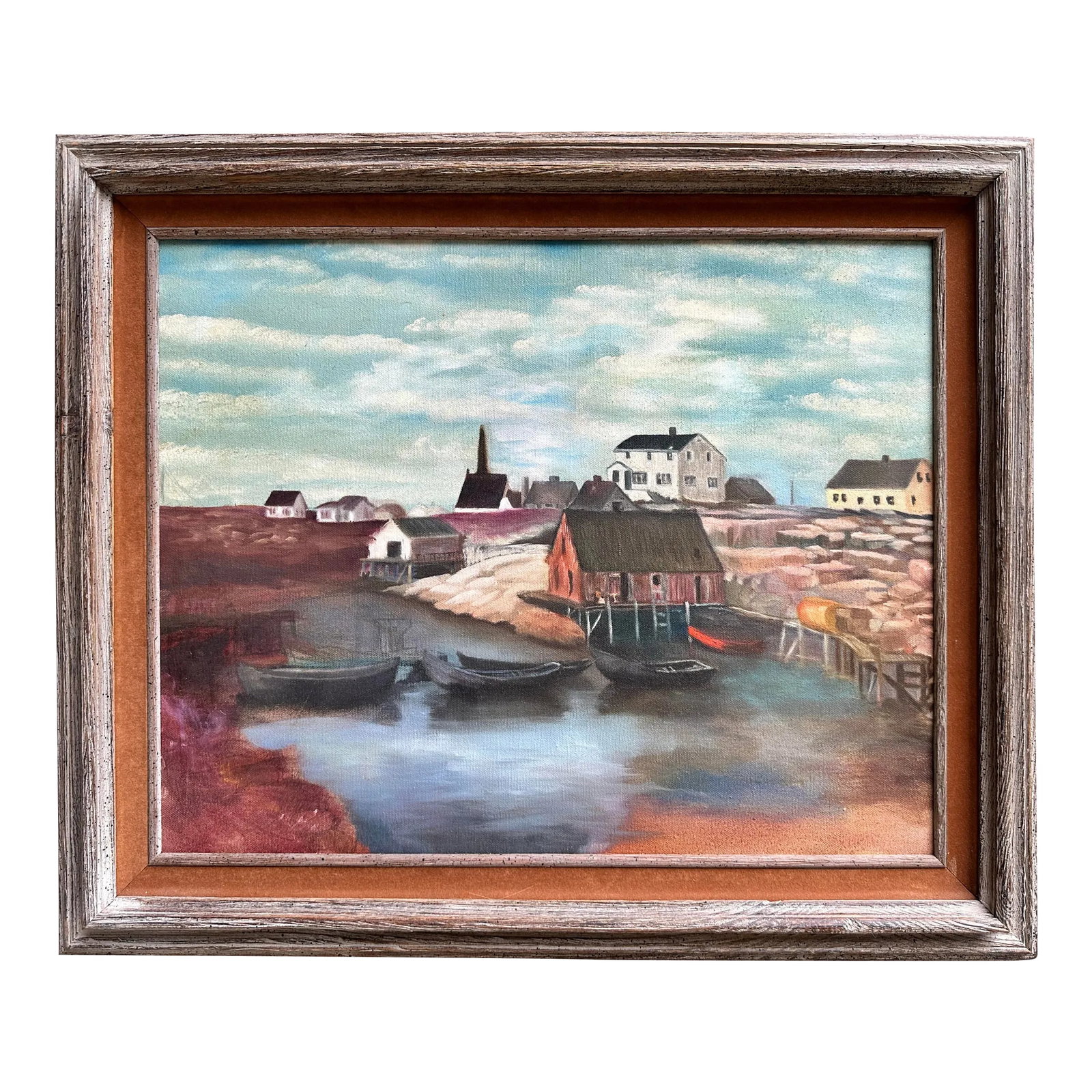 Vintage Oil on Canvas Painting "Fishing Boats in Harbor Cove" by Lawrence Pearson.: Gorgeous oil on canvas in cerused oak and velvet original frame. Painting depicts a beautiful harbor lined with boats. Becca frame says Lawrence Pearson unfinished work. Condition: Imperfections: No I