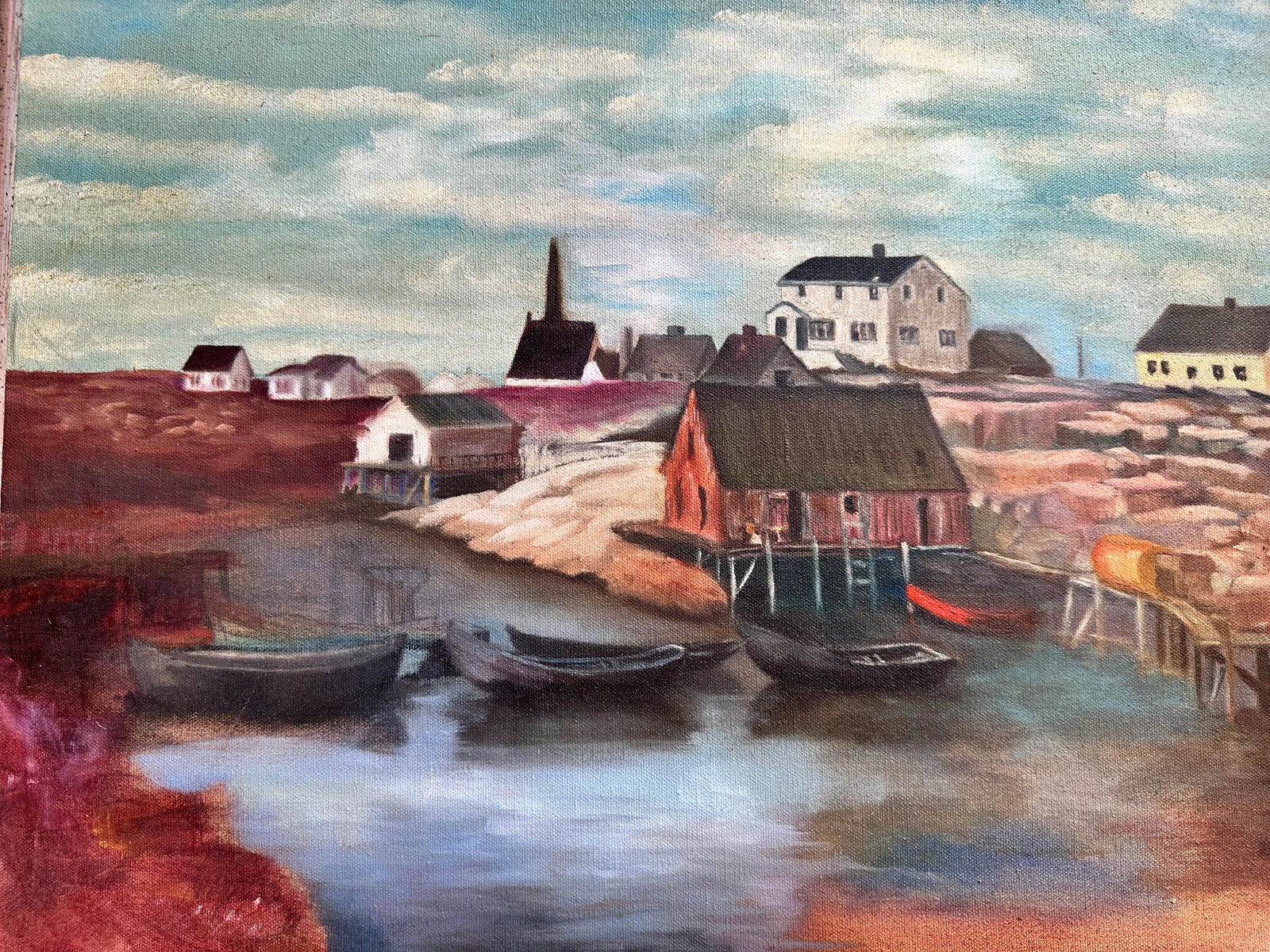 Vintage Oil on Canvas Painting "Fishing Boats in Harbor Cove" by Lawrence Pearson. - 2