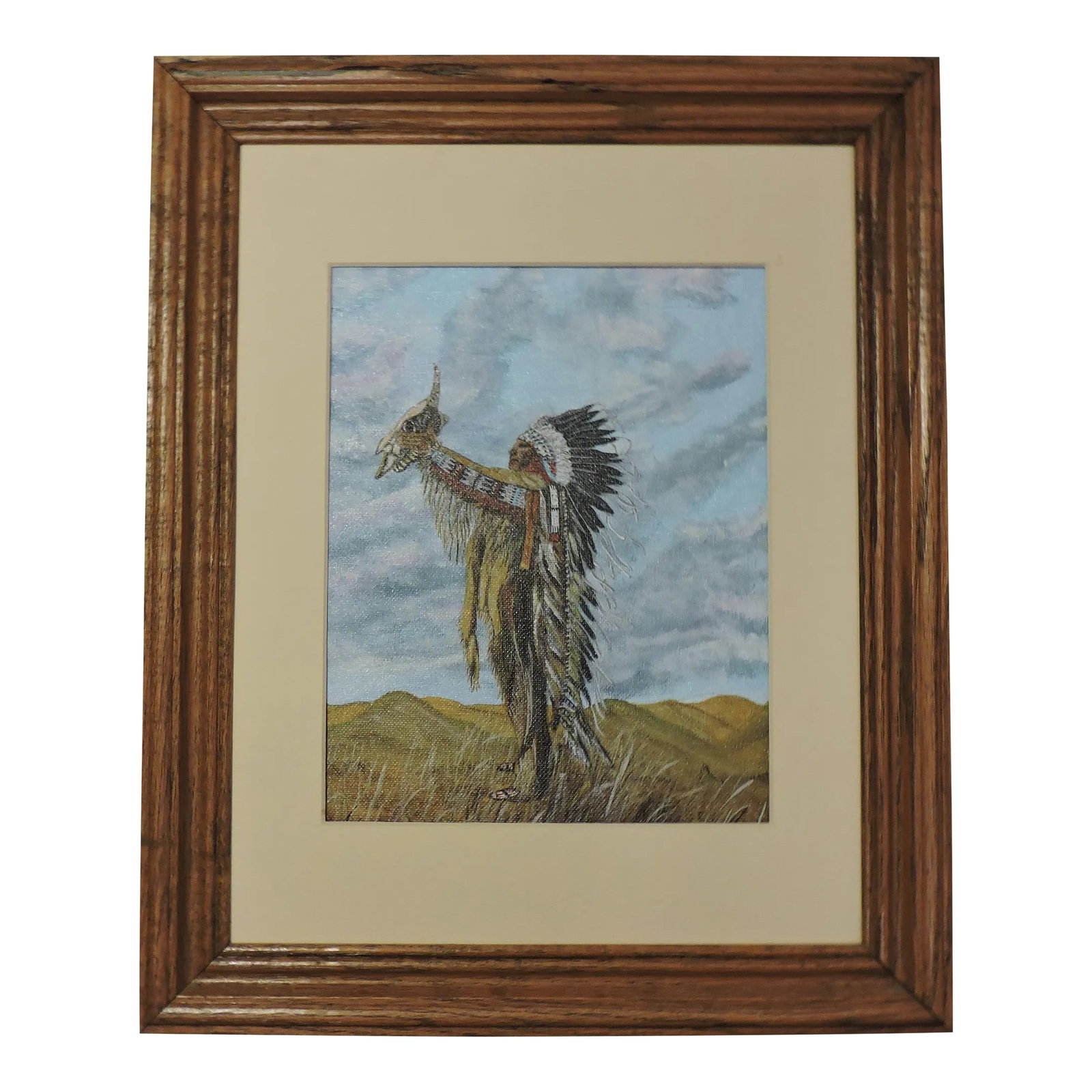 1980s American Studio Art Hand Painted Oil on Canvas Native American Art Shaman Painting by R Gelbma: This Native American Shaman painting is a hand painted oil on canvas studio art piece that was painted by the artist R. Gelbmann from Duluth, MN and it was originally sold at the Superior Art Gallery