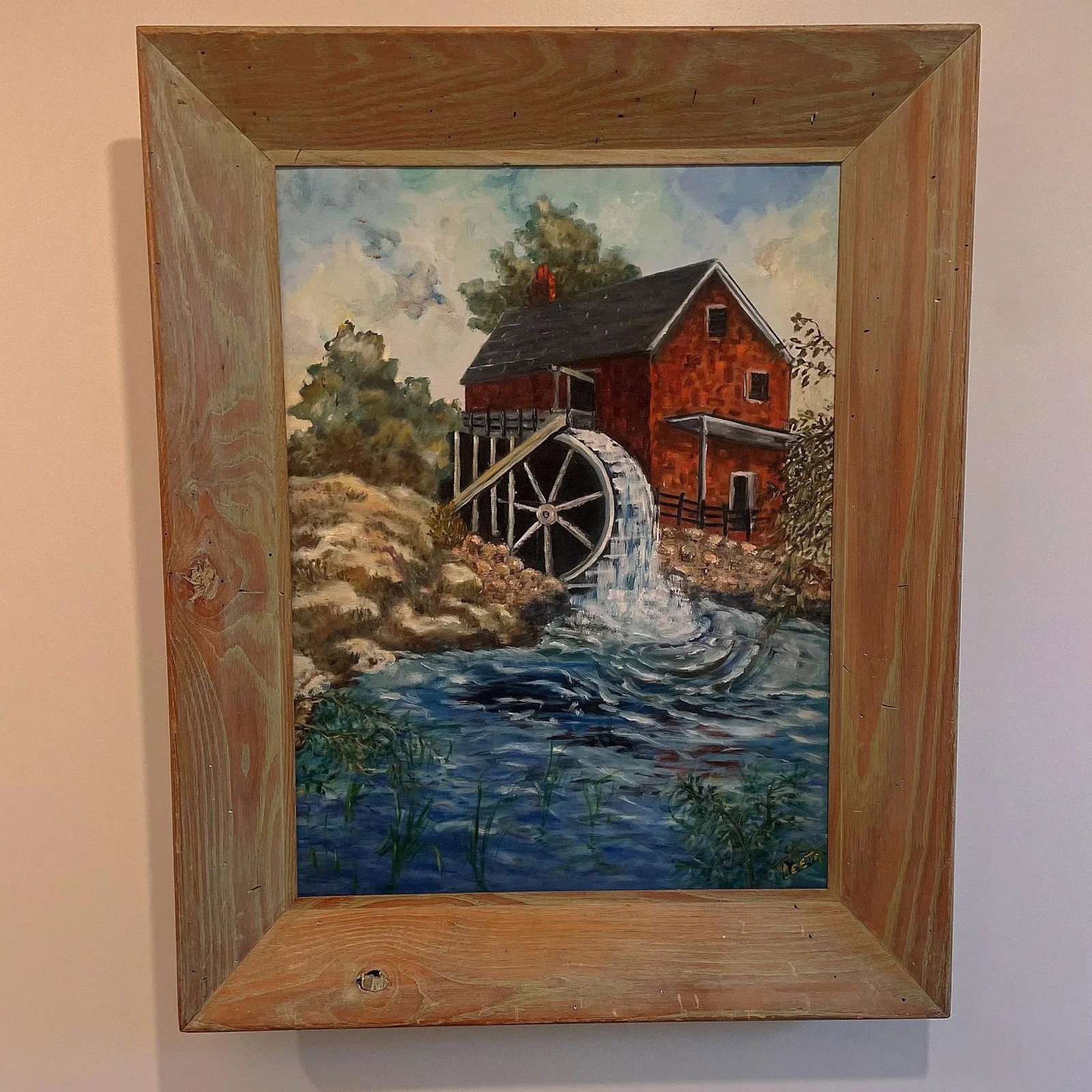 Vintage Original Landscape Painting of an Old Gristmill With Waterwheel Signed Leeta - 11