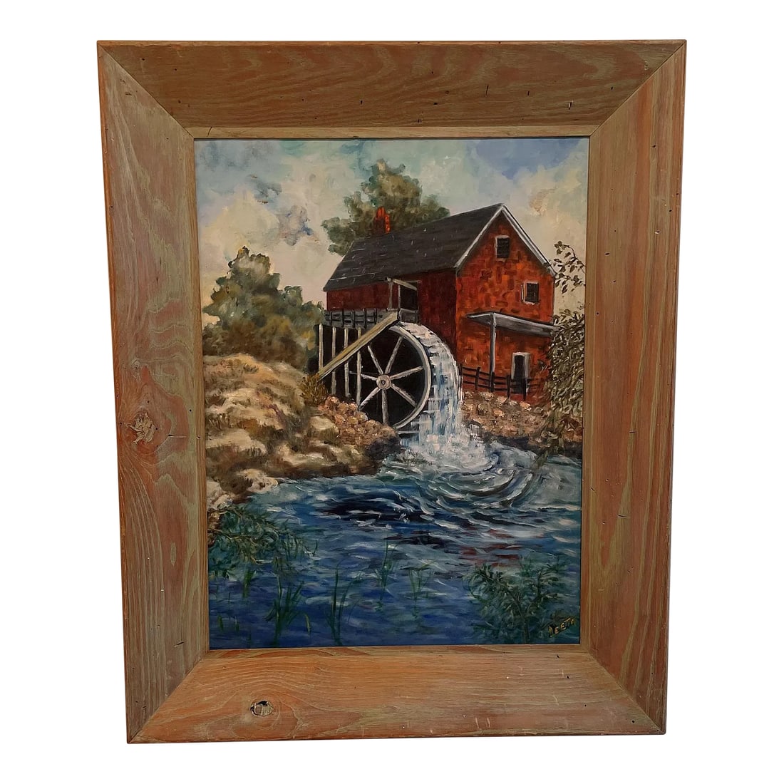 Vintage Original Landscape Painting of an Old Gristmill With Waterwheel Signed Leeta: Original Landscape Painting of an Old Gristmill With Waterwheel in Gorgeous Thick Wood Frame Signed by artist in bottom right corner Leeta Condition: Alterations: Original Condition Unaltered
