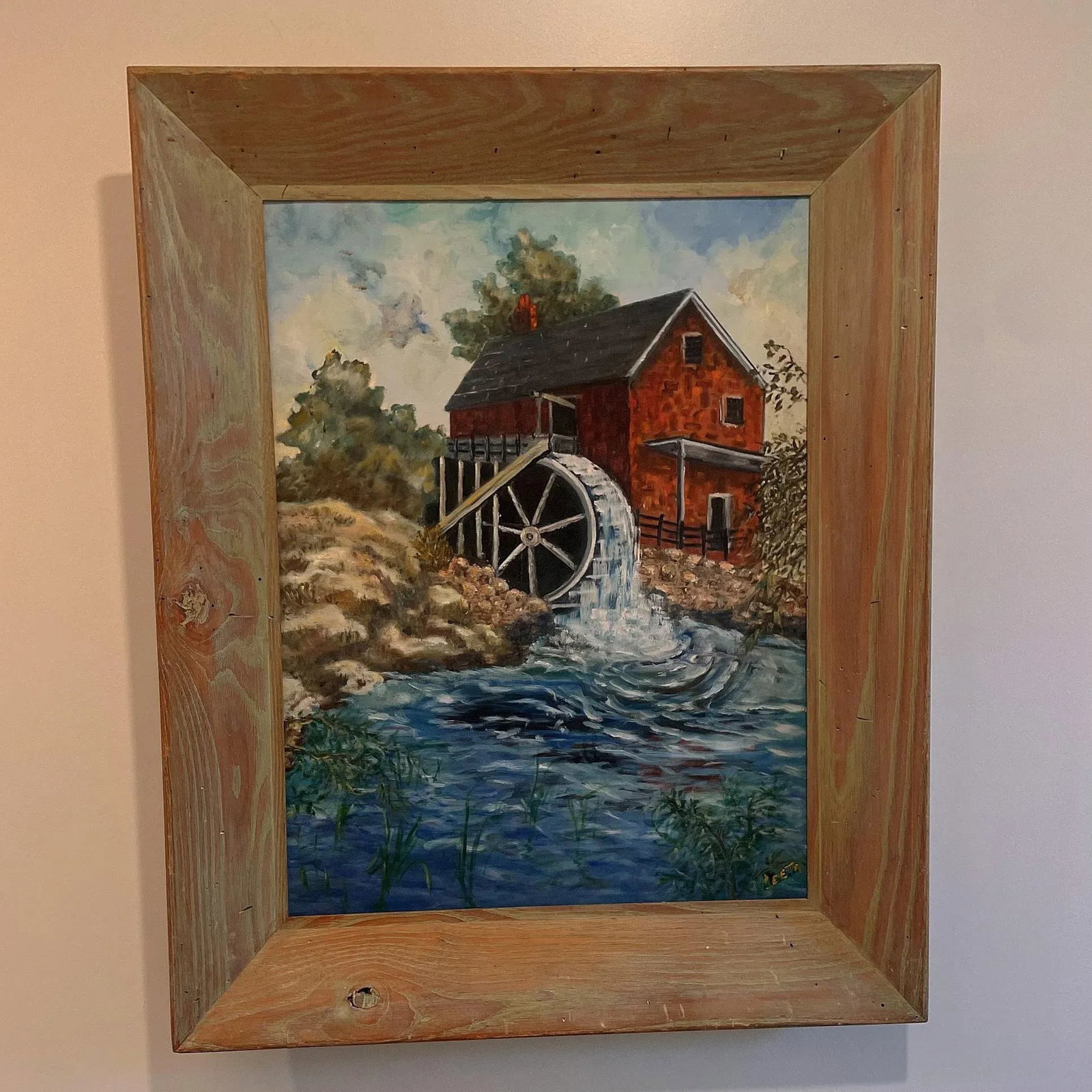 Vintage Original Landscape Painting of an Old Gristmill With Waterwheel Signed Leeta - 2