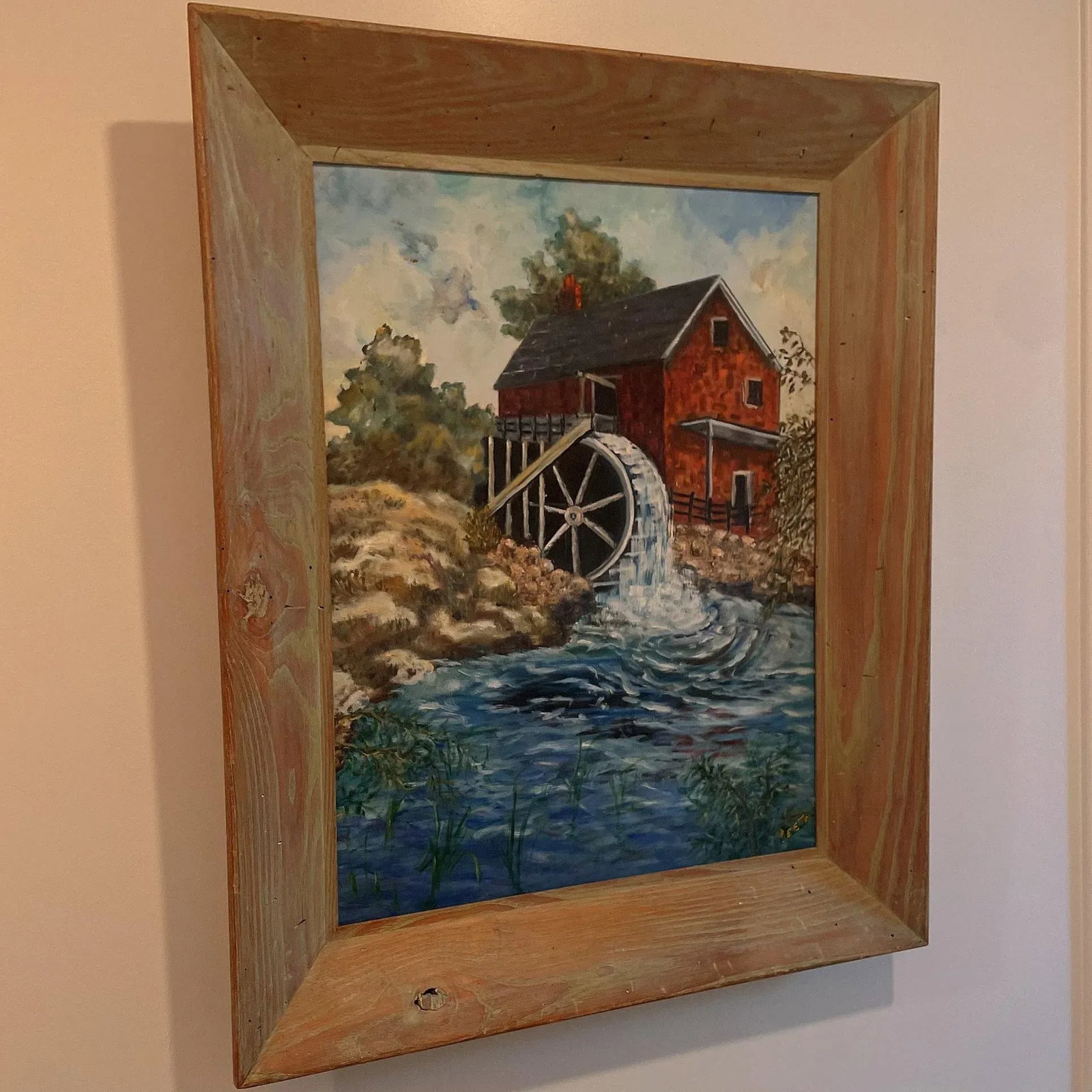 Vintage Original Landscape Painting of an Old Gristmill With Waterwheel Signed Leeta - 3