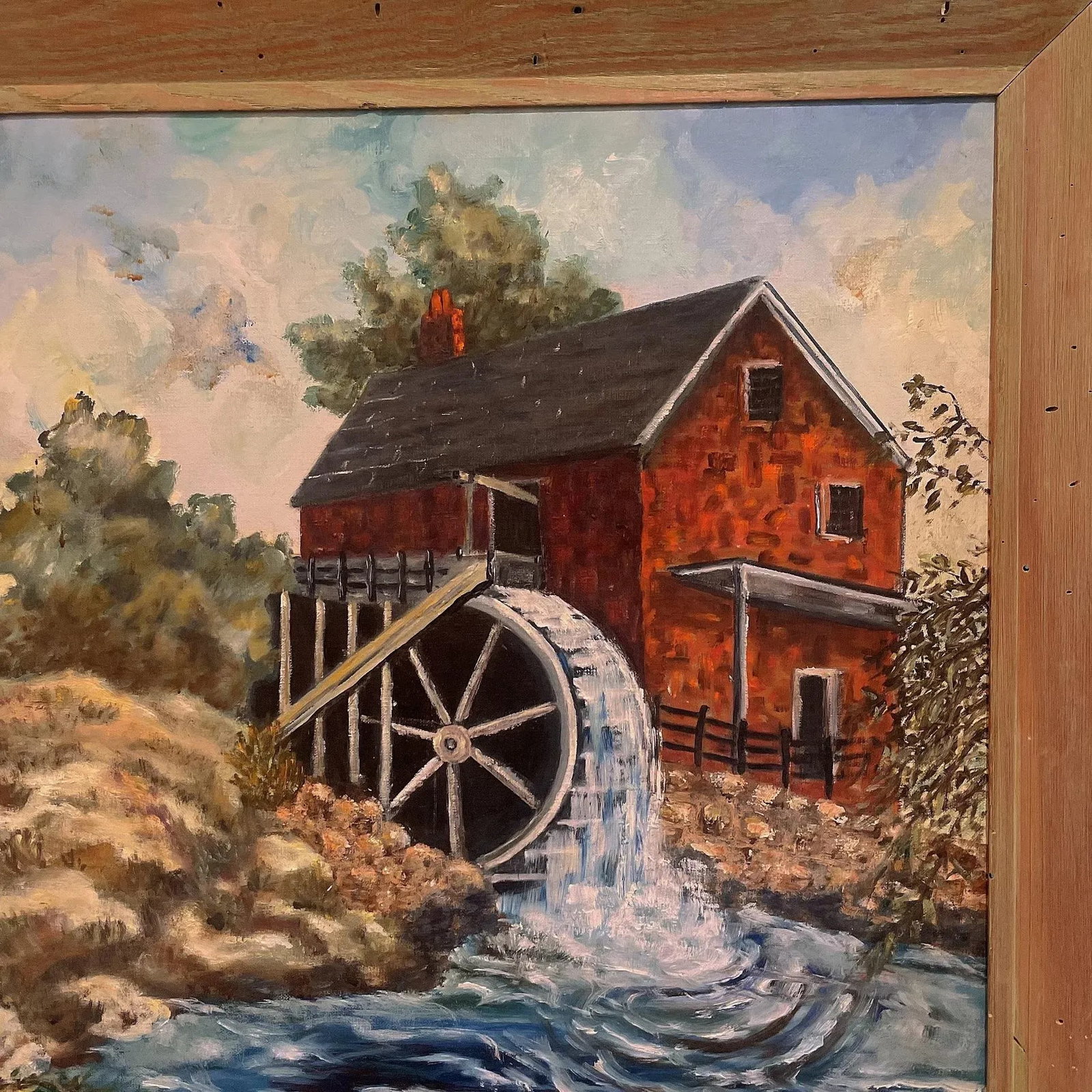 Vintage Original Landscape Painting of an Old Gristmill With Waterwheel Signed Leeta - 4