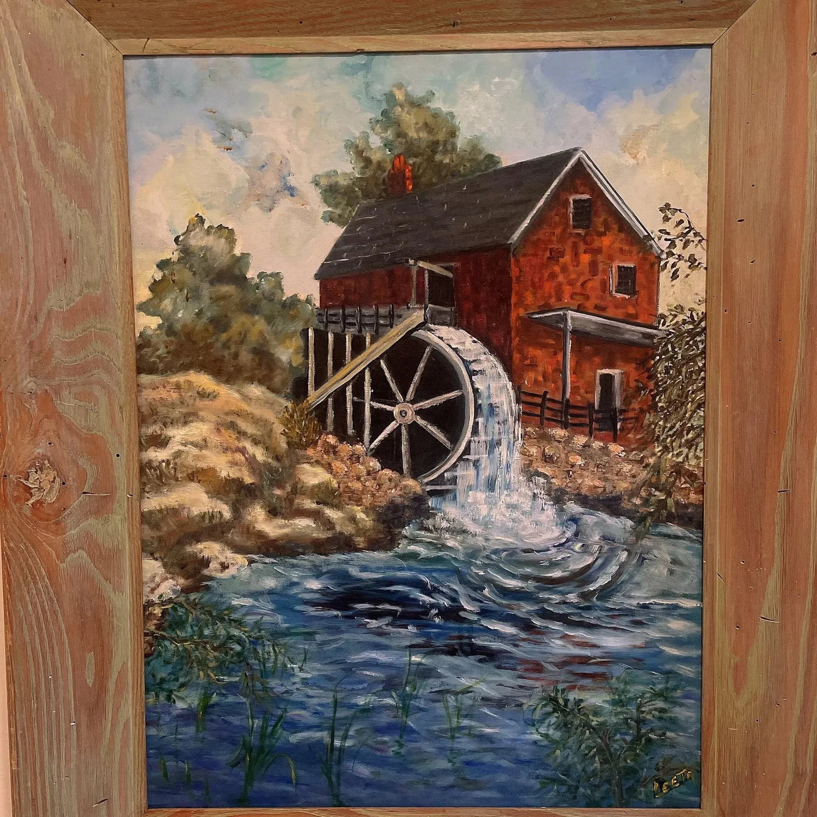 Vintage Original Landscape Painting of an Old Gristmill With Waterwheel Signed Leeta - 6