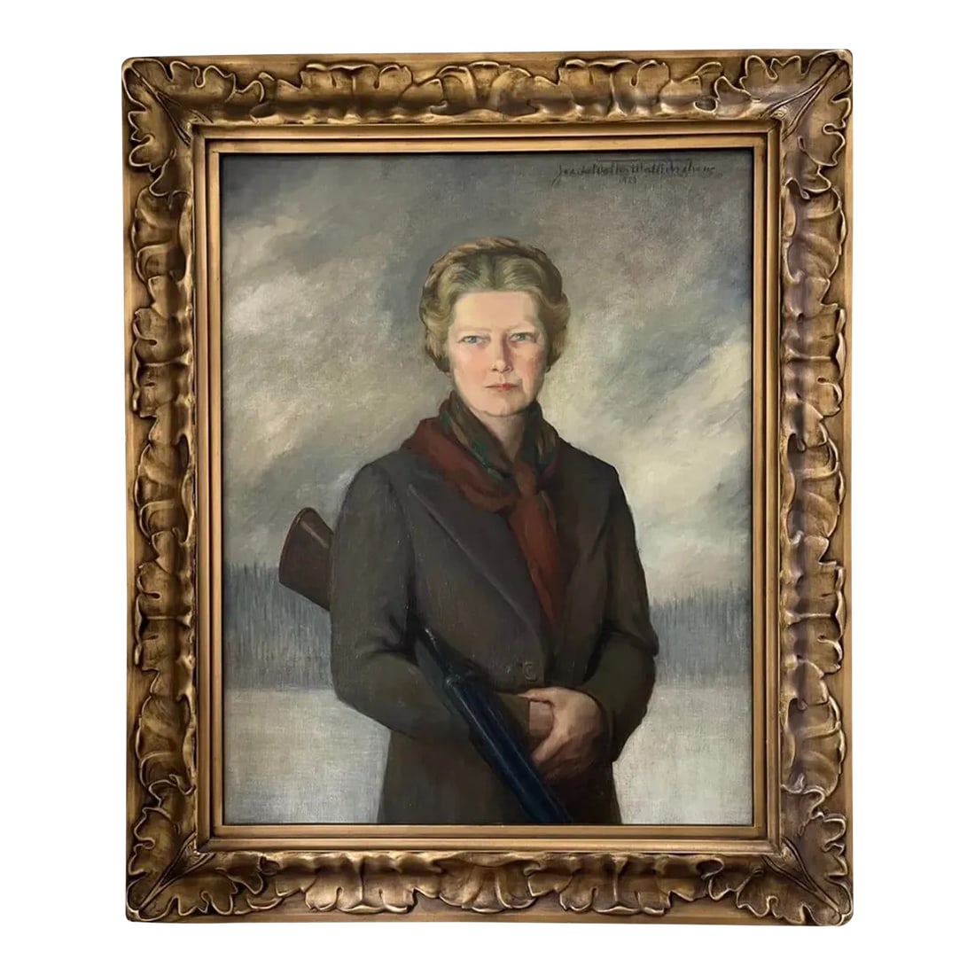 Large Oil Painting Portrait of a Scottish Socialite With Rifle by Jeanie Walkinshaw: About the artist: Seattle artist Jeanie Walter Walkinshaw (1885-1976) Education: early 1900s studied in Paris for two years under Lucien Seimon and Rene Mesnard. Continued studies in the US with