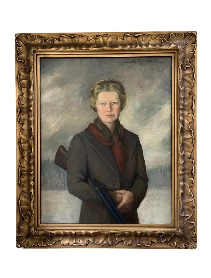 Large Oil Painting Portrait of a Scottish Socialite With Rifle by Jeanie Walkinshaw - 8