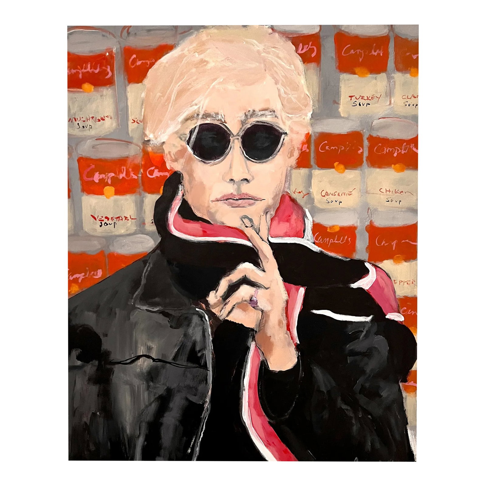 "Warhol" Contemporary Original Pop Art Portrait Painting by Sandy Welch: Perfectly perfect portrait of Andy Warhol....looking so cool in his leather jacket! Notice the background...Campbell Soup all the way! Painterly and colorful just like Andy! One of my favorite