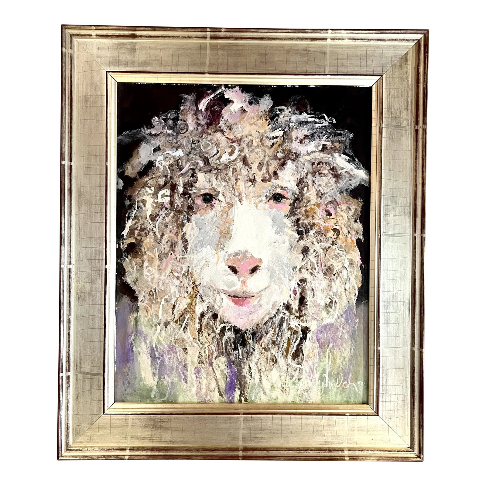 "My Girl, a Heart Warming Image of a Beautiful Lambie Pie" Contemporary Expressionist Acrylic Painti: If there ever was a beautiful Lamb this one is it...she is so lovely, layers of soft fur surrounding her precious realistic face...shades of neutral and layered with mark makings ... Also, framed beau