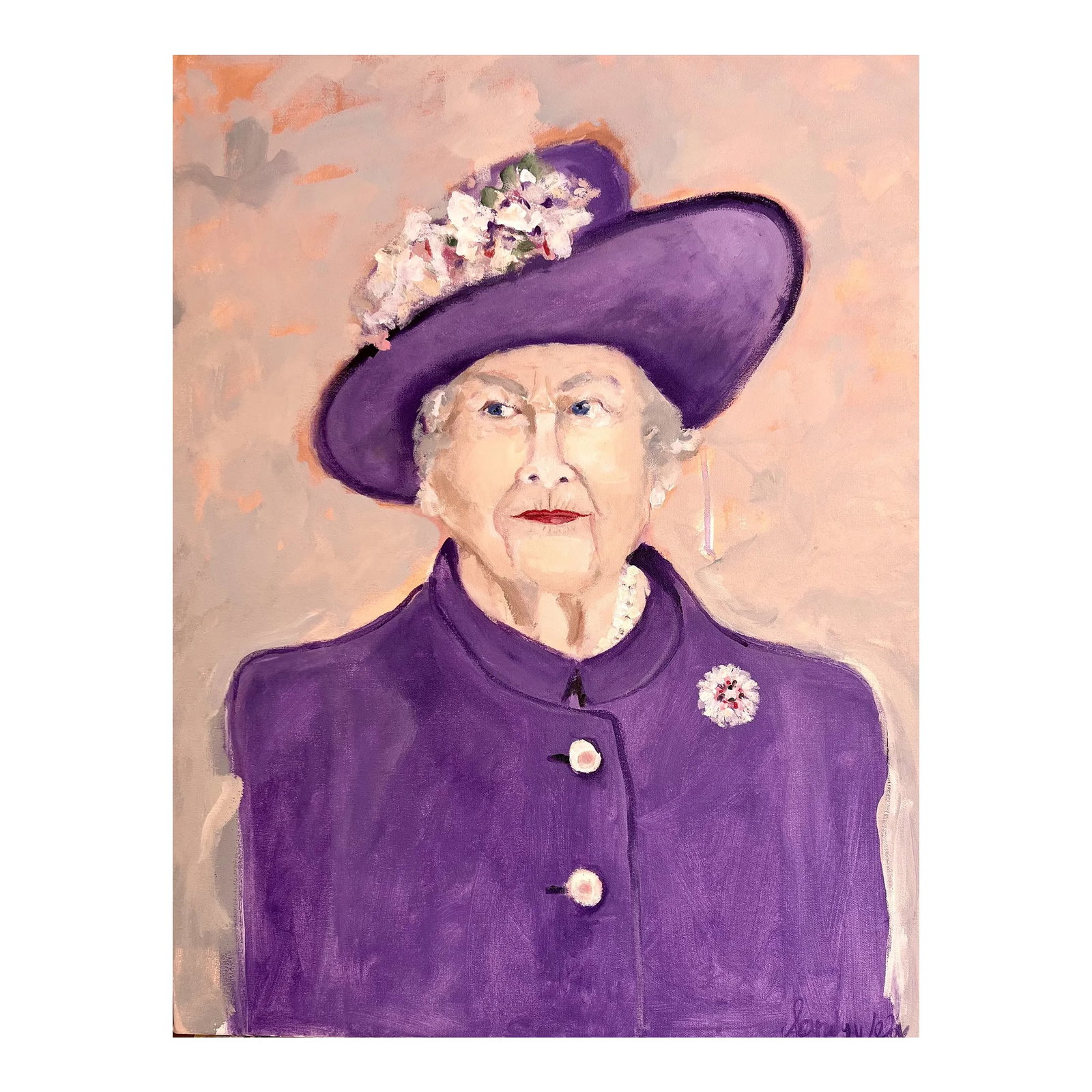 "Queen Elizabeth" Contemporary Pop Art Original Portrait Painting by Sandy Welch: All Hail The Queen...painterly and full of color ...She loved colorful clothing ...quite a fashionista... a few other tidbits..Loved a dry martini... she was never spotted without her handbag...was