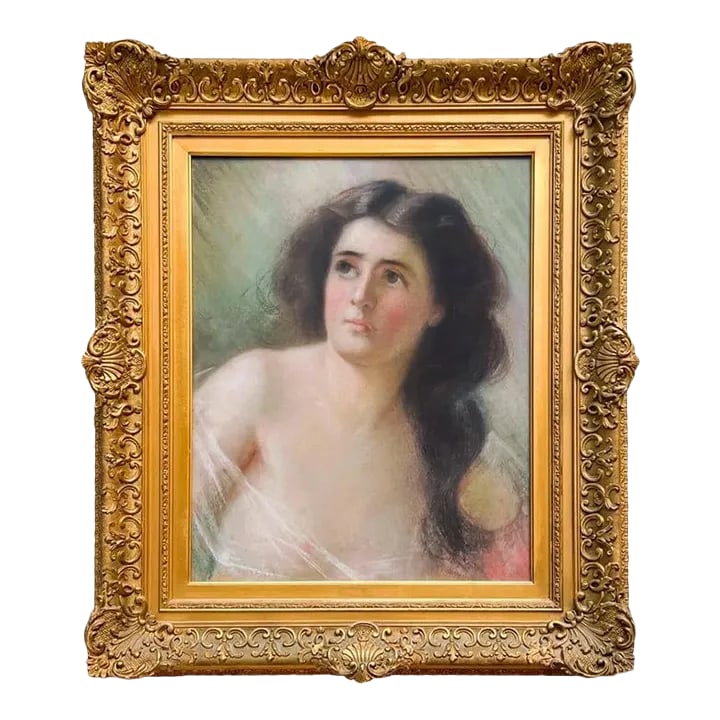 19th Century Pastel Partial Nude Portrait of a Woman in Gilt Wood Frame: 19th Century partial nude portrait of a woman with long dark hair, dressed in a sheer garment. Pastel on paper presented in a lovely antique gilt wood frame with glazing. Image size: 20 1/8" x 16"