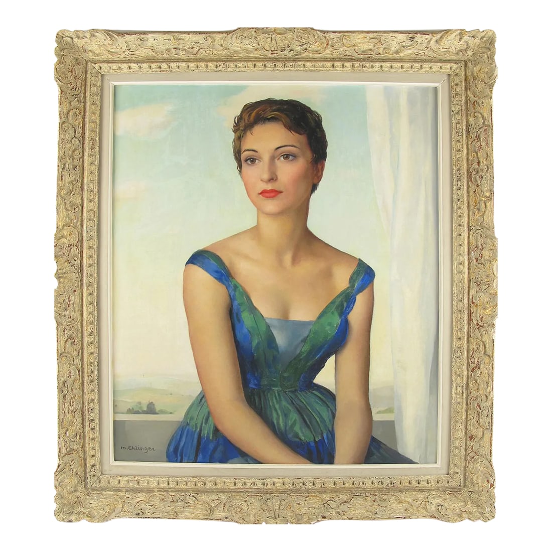 Parisian Socialite Woman Oil on Canvas Painting by Maurice Ehlinger: Adorable 1950s modern portrait, oil on canvas painting by Maurice Ambroise Ehlinger (1896 - 1981). The model is Miss France Noel a socialite from the Paris bourgeoisie. The painting is hand-signed in
