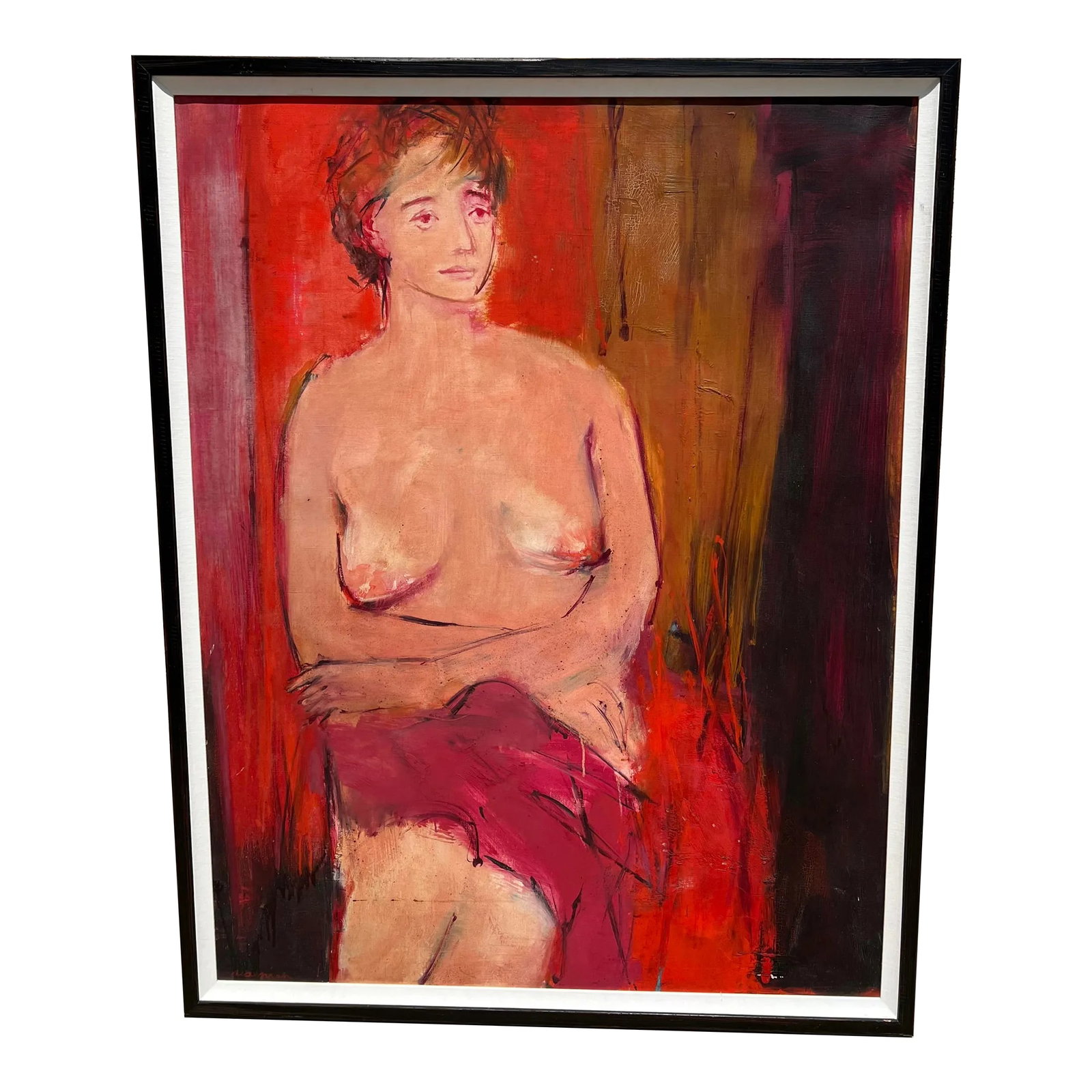 Late 20th Century Vintage Fauvist Portrait Painting of a Nude Woman, Framed: Large Vintage painting portrait of a nude woman with draping across her legs. In beautiful reds, raspberry, Carmel, black, and a splash of turquoise/green. New wood frame and linen liner. Not sure of