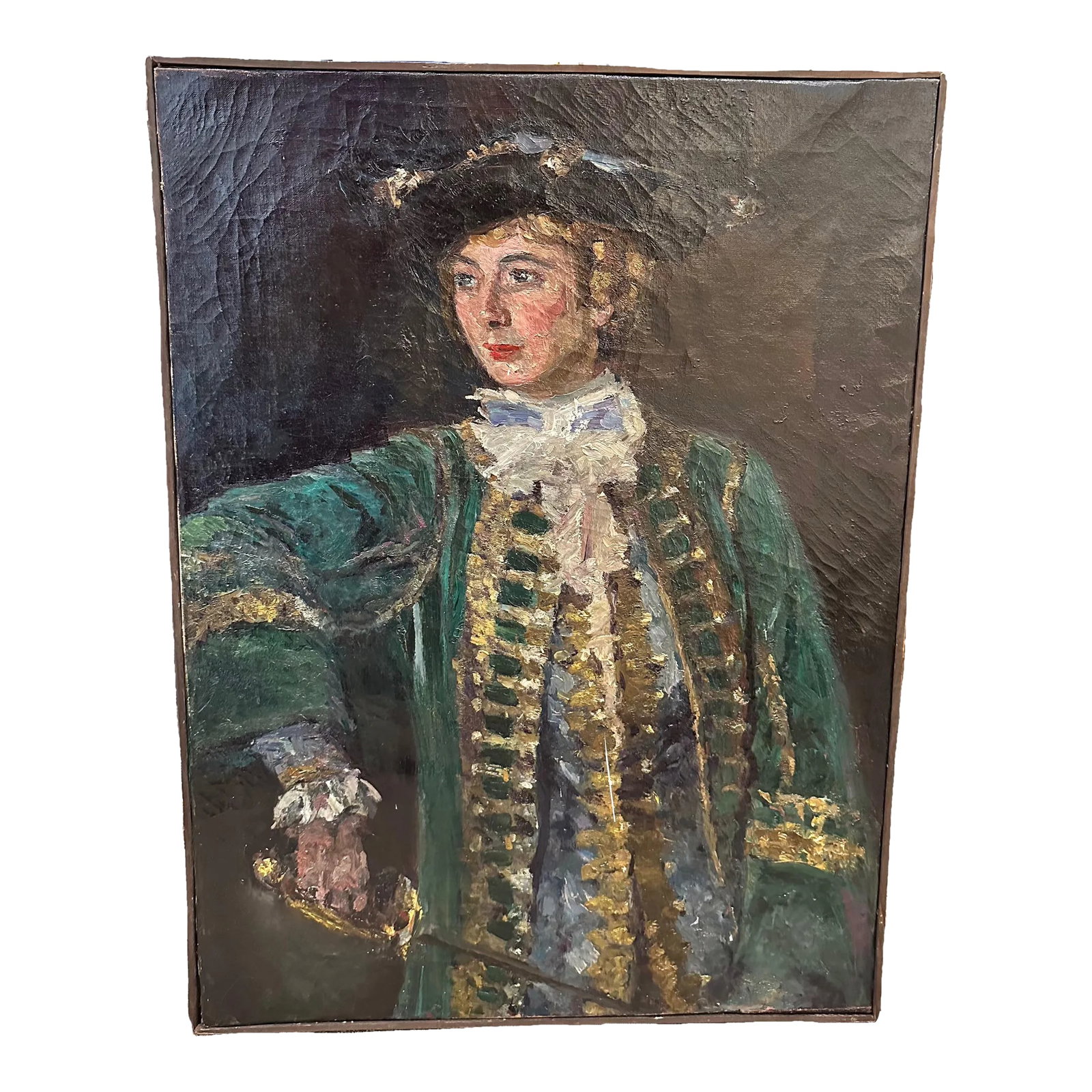 Antique Portrait Oil Painting of a Young Man in His Finery: This painting of an 18th century young man in his finery and sword is a fresh perspective of the more common portraiture style of 17th and 18th centuries. The contrast of a heavier use of paint and