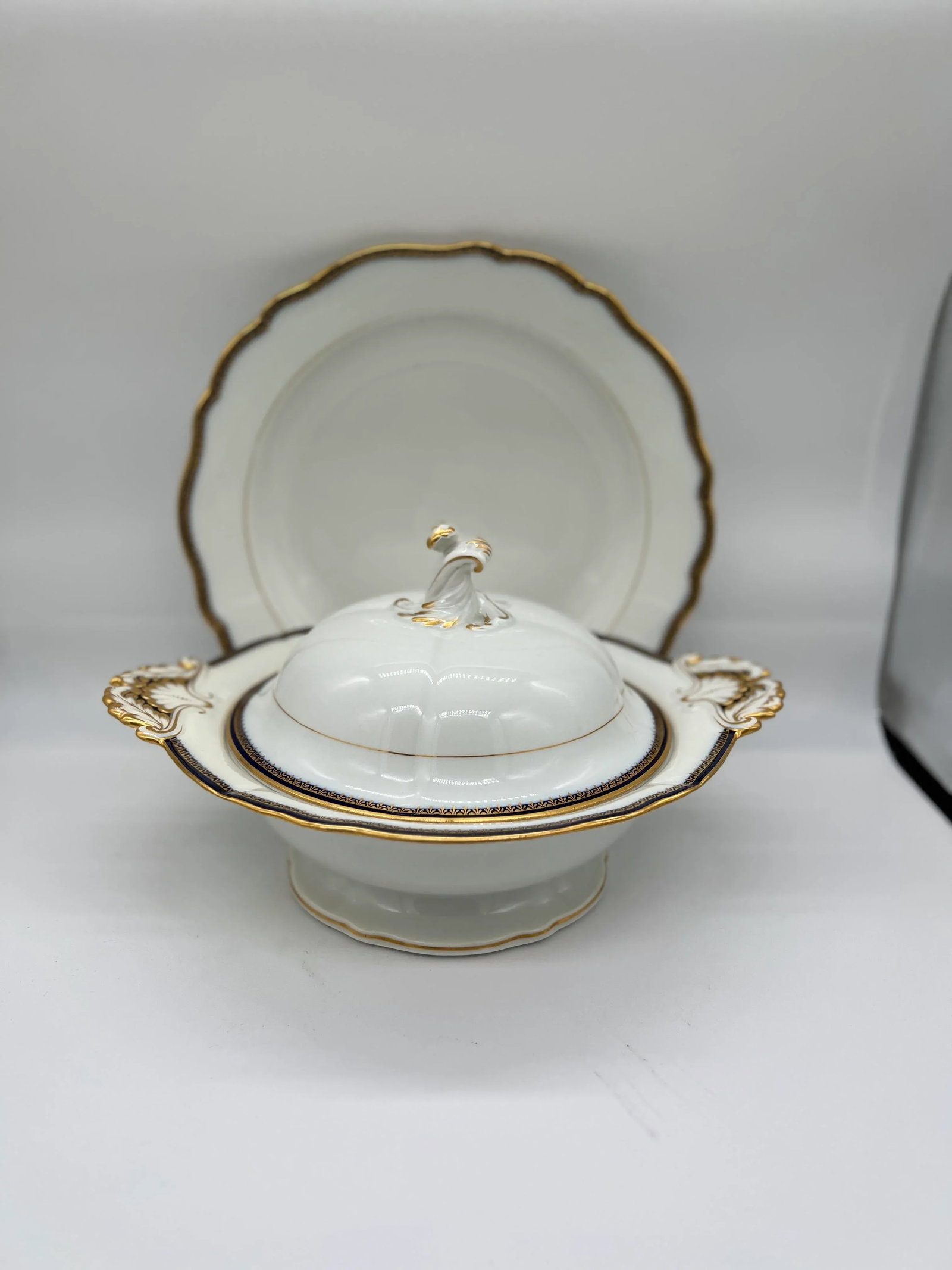 2 Pc, Meissen Porcelain Cobalt & Gold Rim Decorated Soup Tureen, Under Platter - 10