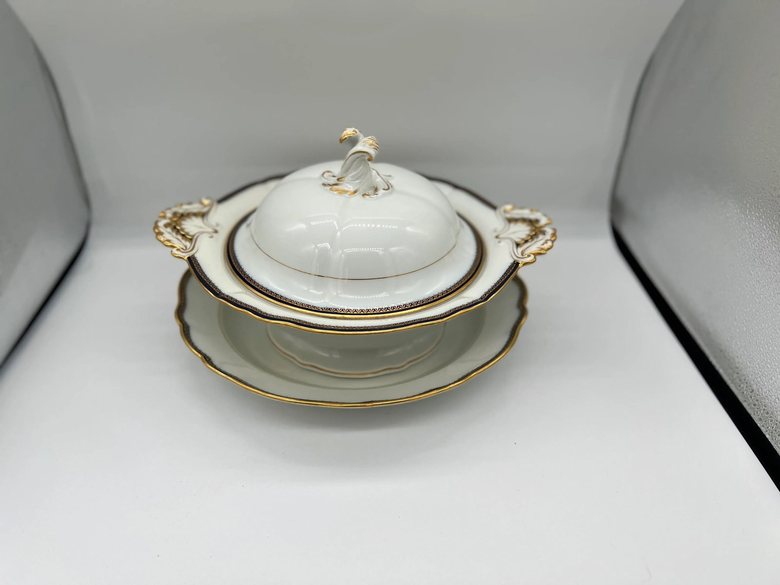 2 Pc, Meissen Porcelain Cobalt & Gold Rim Decorated Soup Tureen, Under Platter - 2