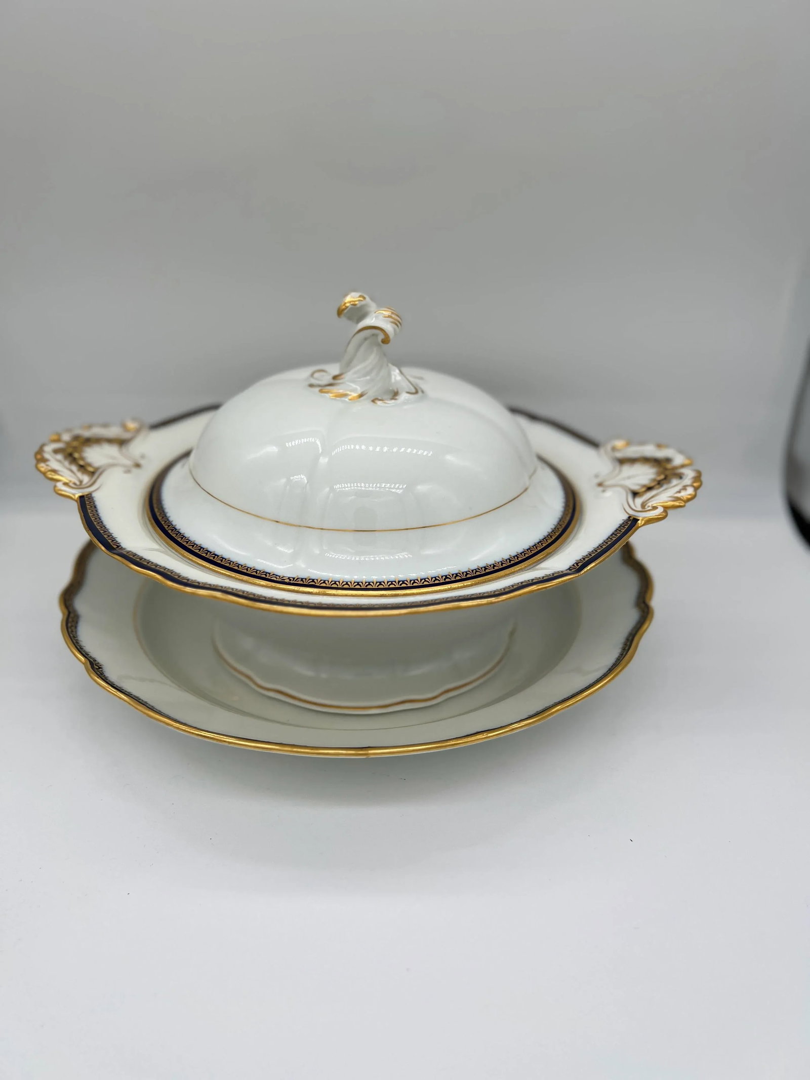 2 Pc, Meissen Porcelain Cobalt & Gold Rim Decorated Soup Tureen, Under Platter - 3