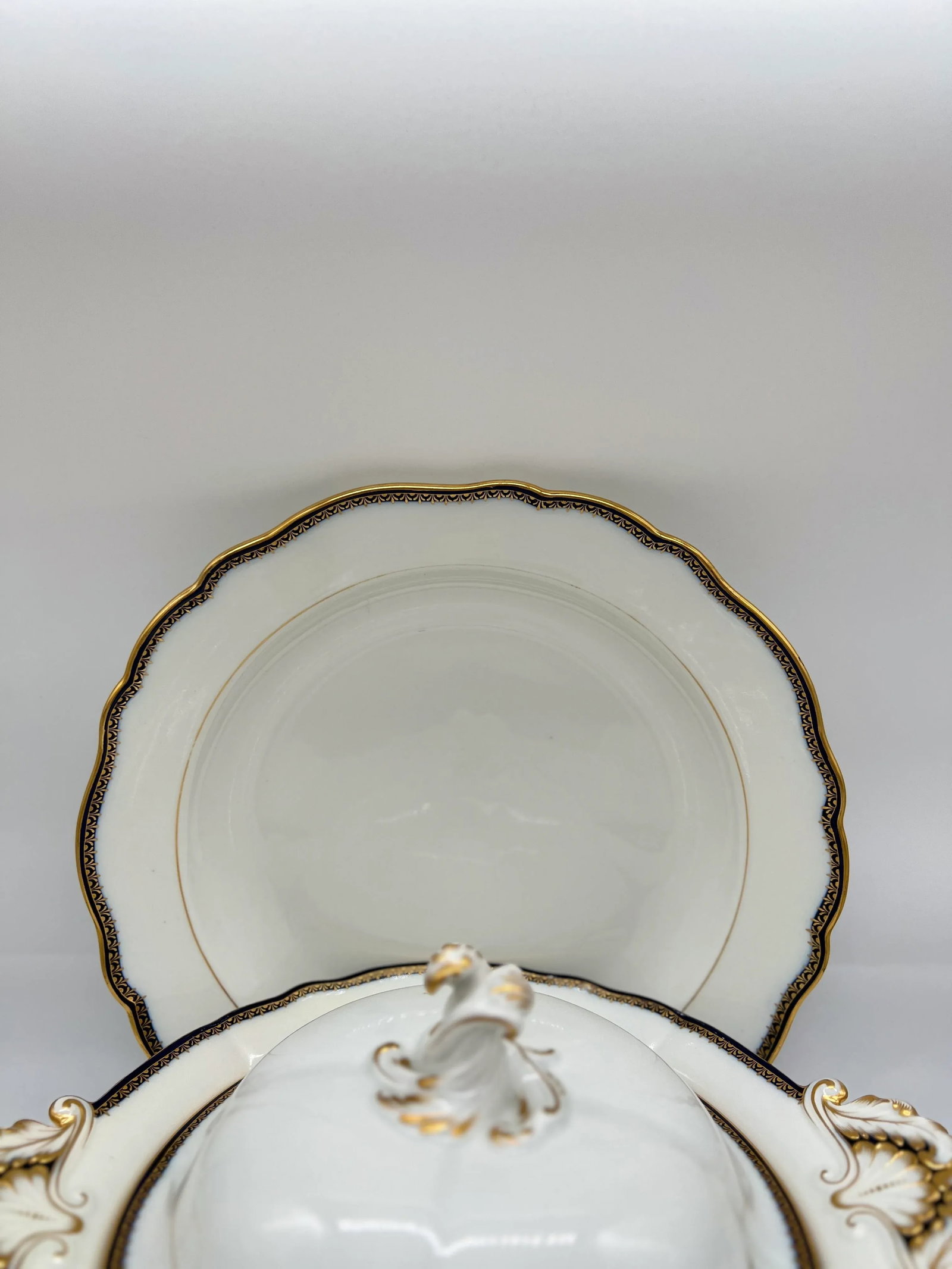 2 Pc, Meissen Porcelain Cobalt & Gold Rim Decorated Soup Tureen, Under Platter - 4