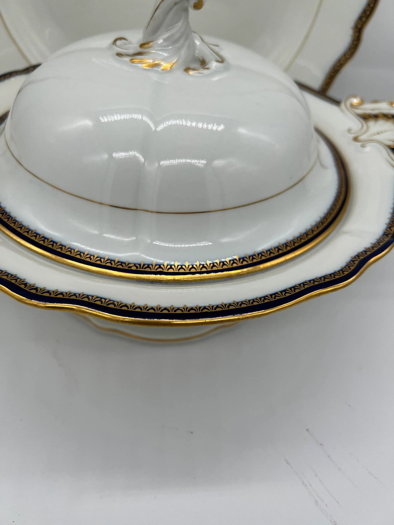 2 Pc, Meissen Porcelain Cobalt & Gold Rim Decorated Soup Tureen, Under Platter - 5