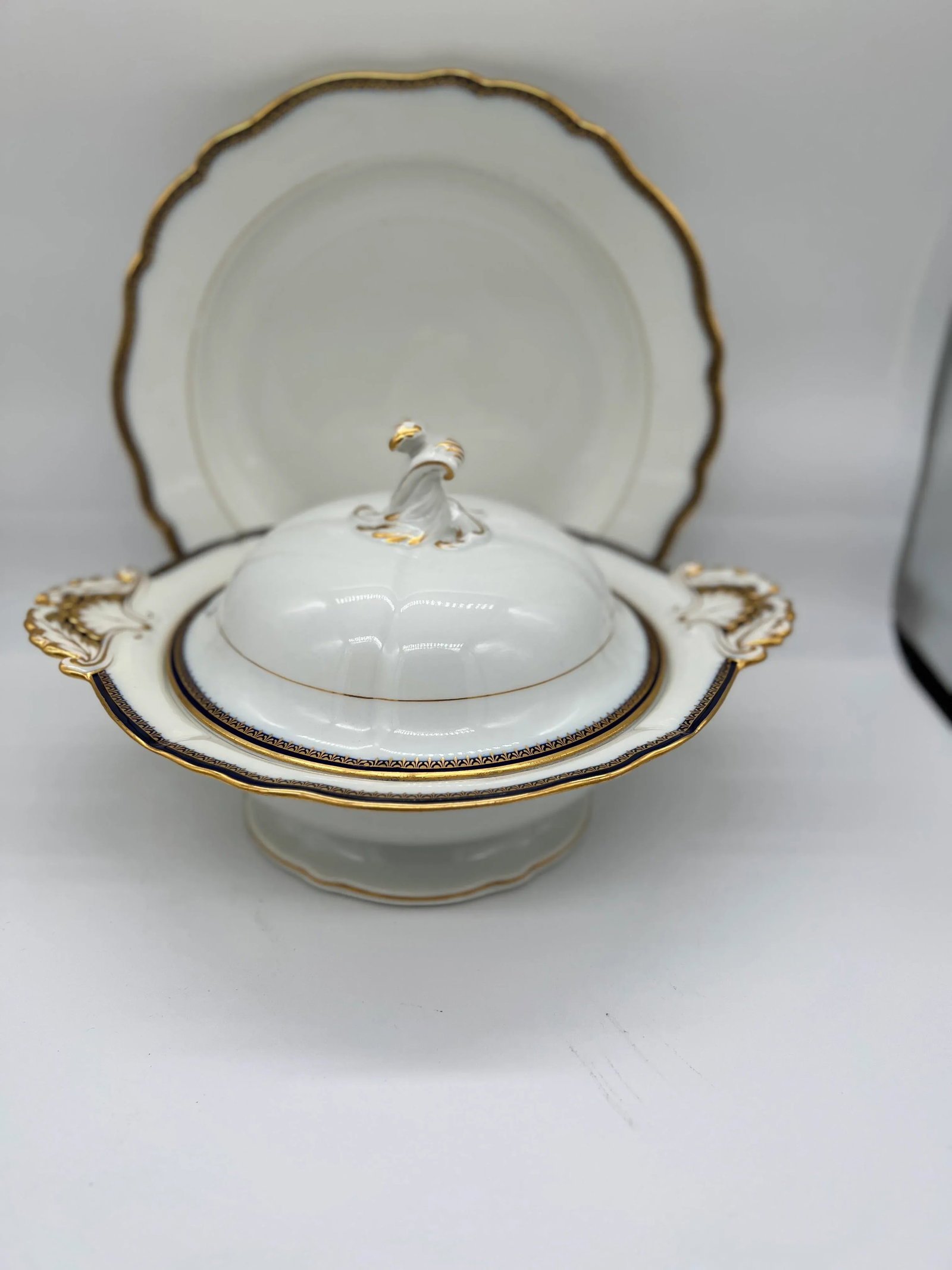 2 Pc, Meissen Porcelain Cobalt & Gold Rim Decorated Soup Tureen, Under Platter - 6