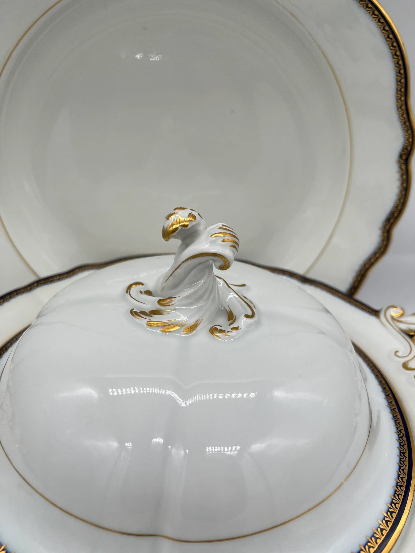 2 Pc, Meissen Porcelain Cobalt & Gold Rim Decorated Soup Tureen, Under Platter - 7