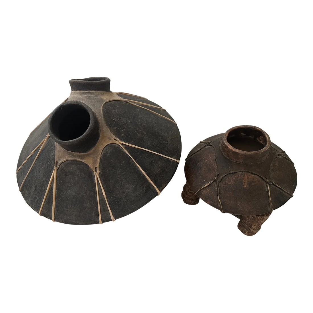 Early Mexican Tarahumara Terracotta Tejuino Pots-A Set: Amazing Primitive Late 18/19th century, terra-cotta water vessel from the Raramuri or Tarahumara people of Chihuahua, Mexico. The pot is traditionally wrapped with pig trip for protection. The vessel