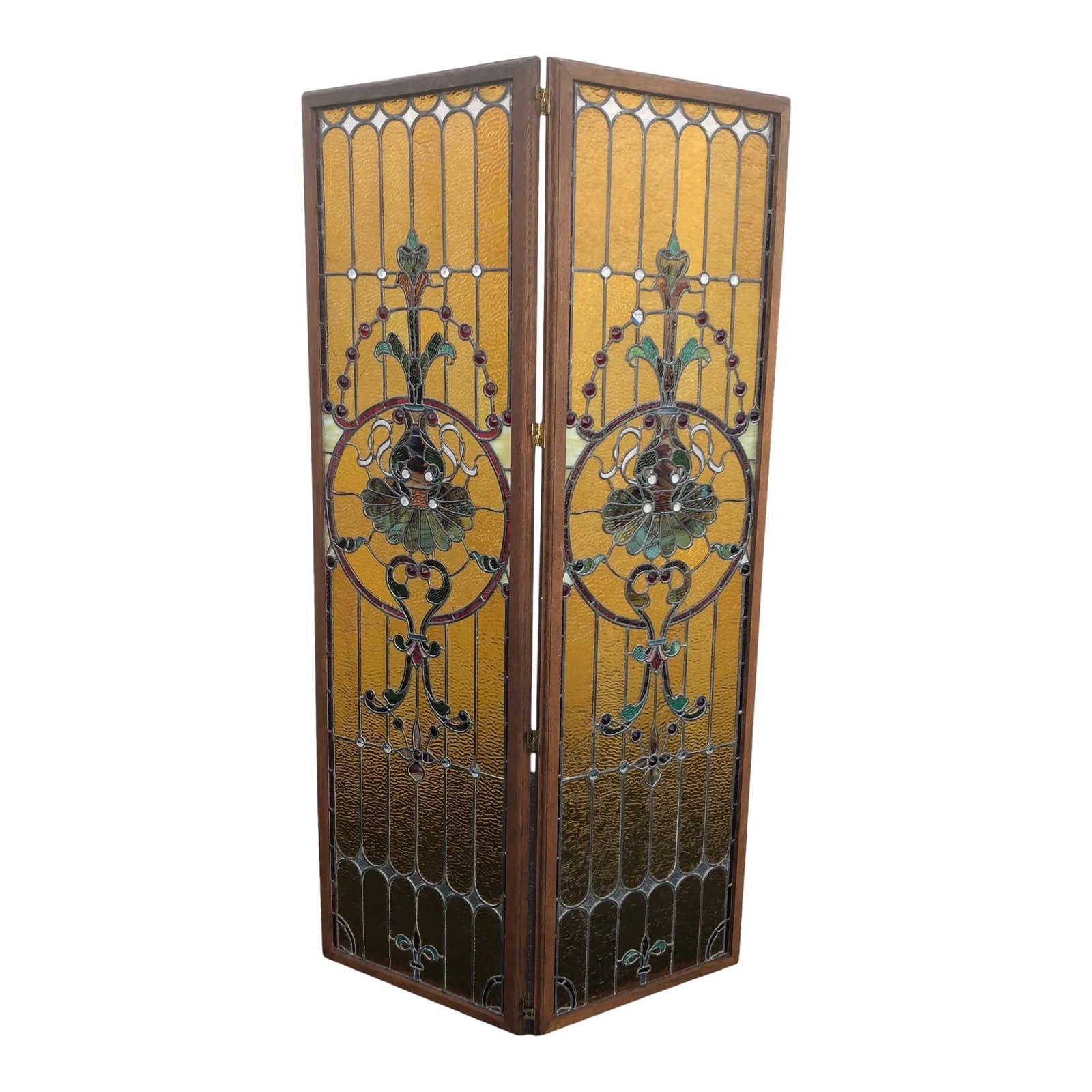1990s Two Panel Stained-Glass Screen. Wood Framed Hand Made: 20th century two panel section stained glass screen hand made and Encased in wood frame a very unique piece with spectacular colors when the sun hits it. You will enjoy the beauty. It brings to your
