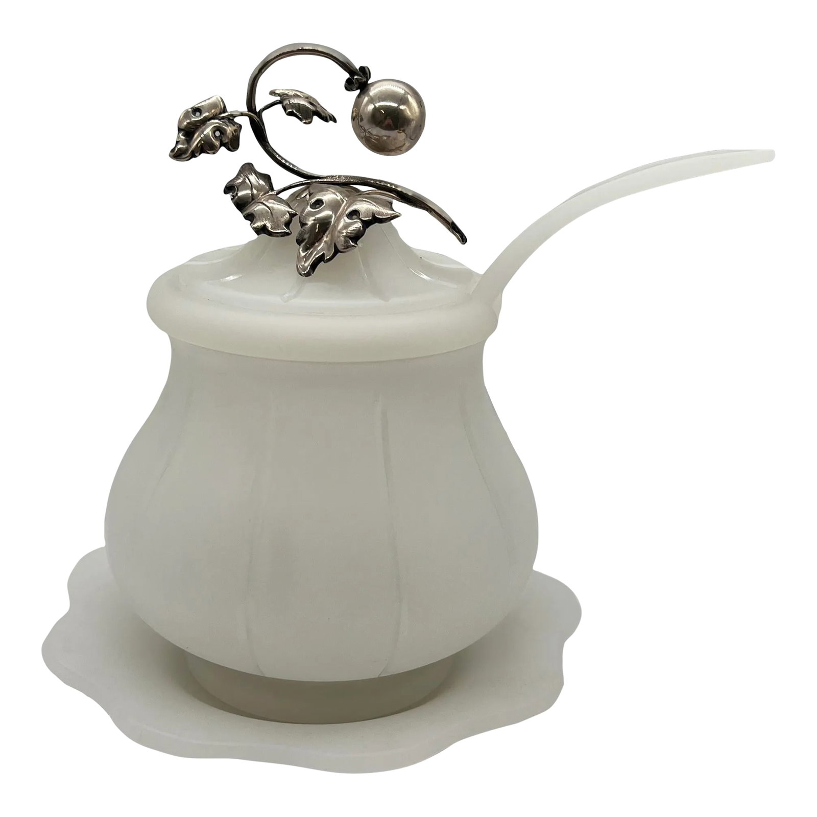 Antique Sterling Silver Mounted Opaline Glass Sauce Tureen: Continental, early 20th century. An antique sauce tureen made of opaline glass with a frosted finish. The bowl has a ribbed gourd shape, well fitted top mounted with a sterling silver vine finial.