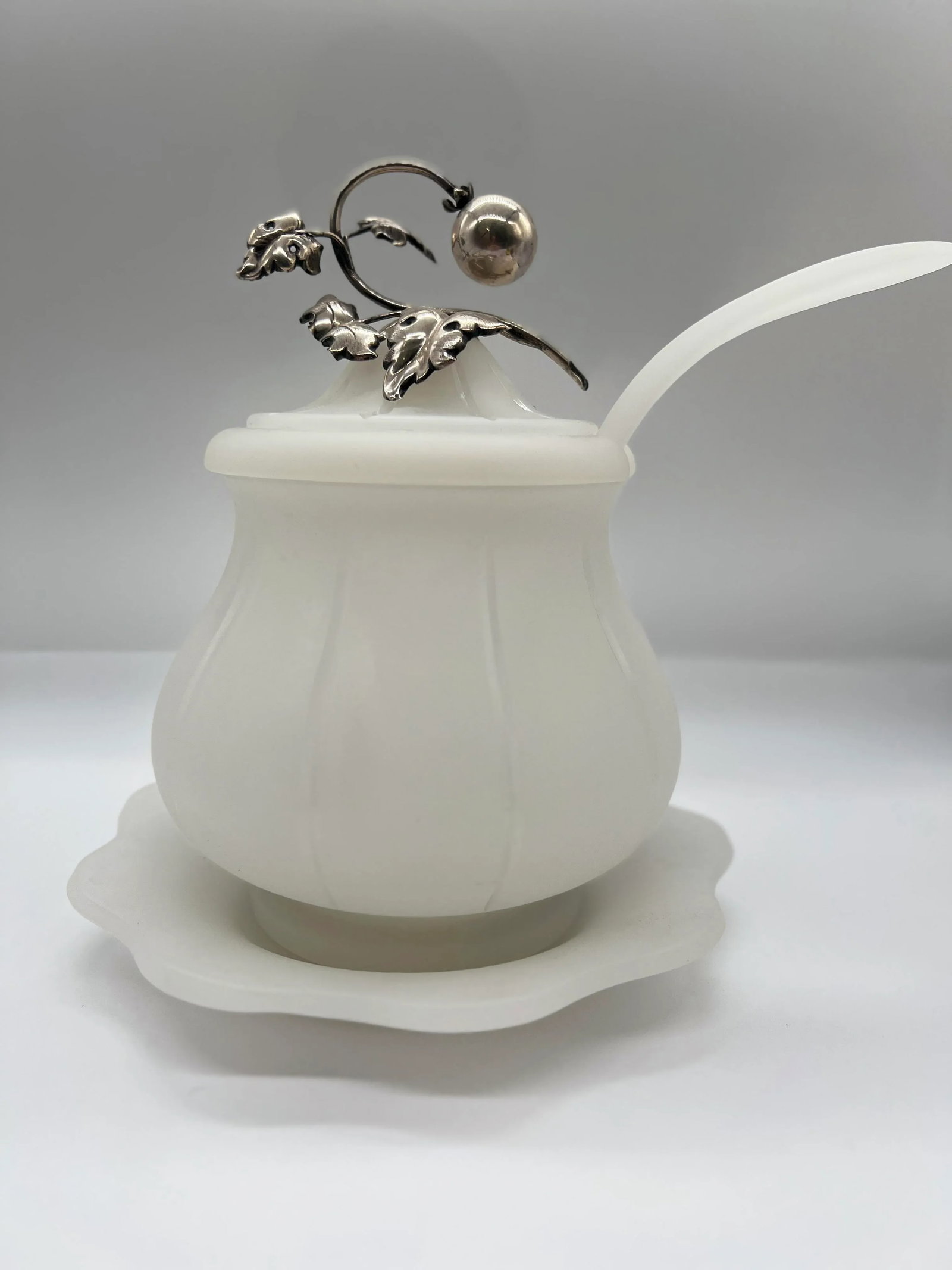 Antique Sterling Silver Mounted Opaline Glass Sauce Tureen - 2