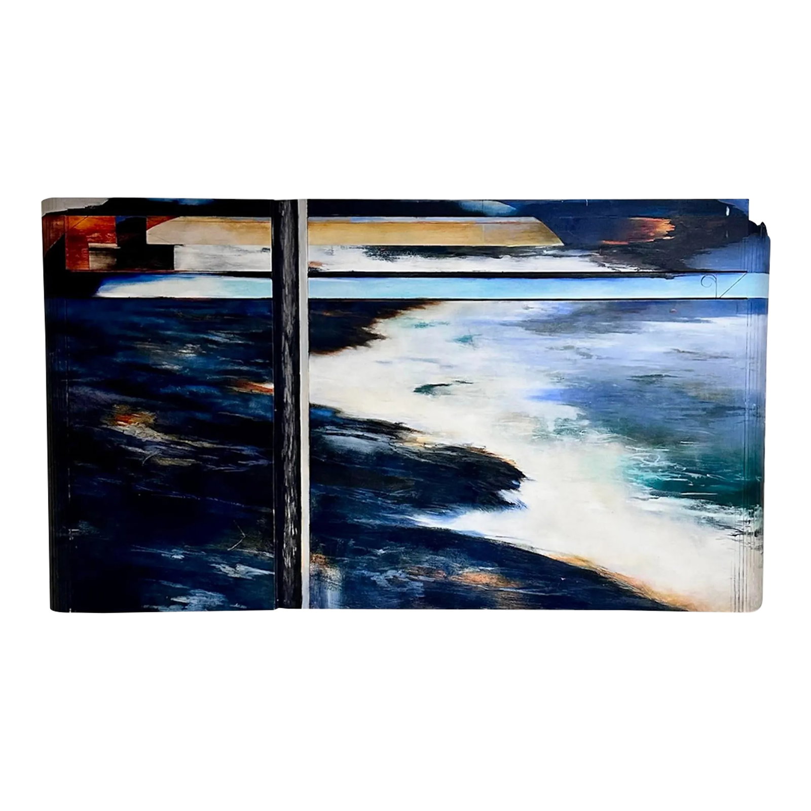 Original Mixed Media Oil Diptych Landscape Water Painting by Cameron Zebrun: Original abstract oil on wood painting of a mercurial liquid landscape in blues and oranges by American artist Cameron Zebrun (b.1955) Titled: "The Thaw' Produced: 1999 Reverse signed and dated in