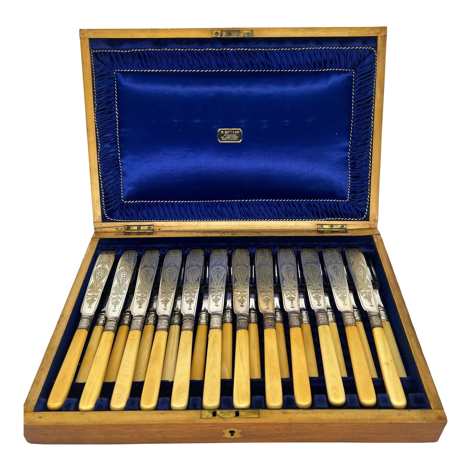 24 Pc., Cased Set of Engraved g.h. Whitaker Silver Fish or Dessert Service: English, early 20th century. A fine cased fish or dessert set comprising of 12 forks and 12 knives. Each with beautifully hand engraved silver plated surfaces, sterling silver collar and a bone