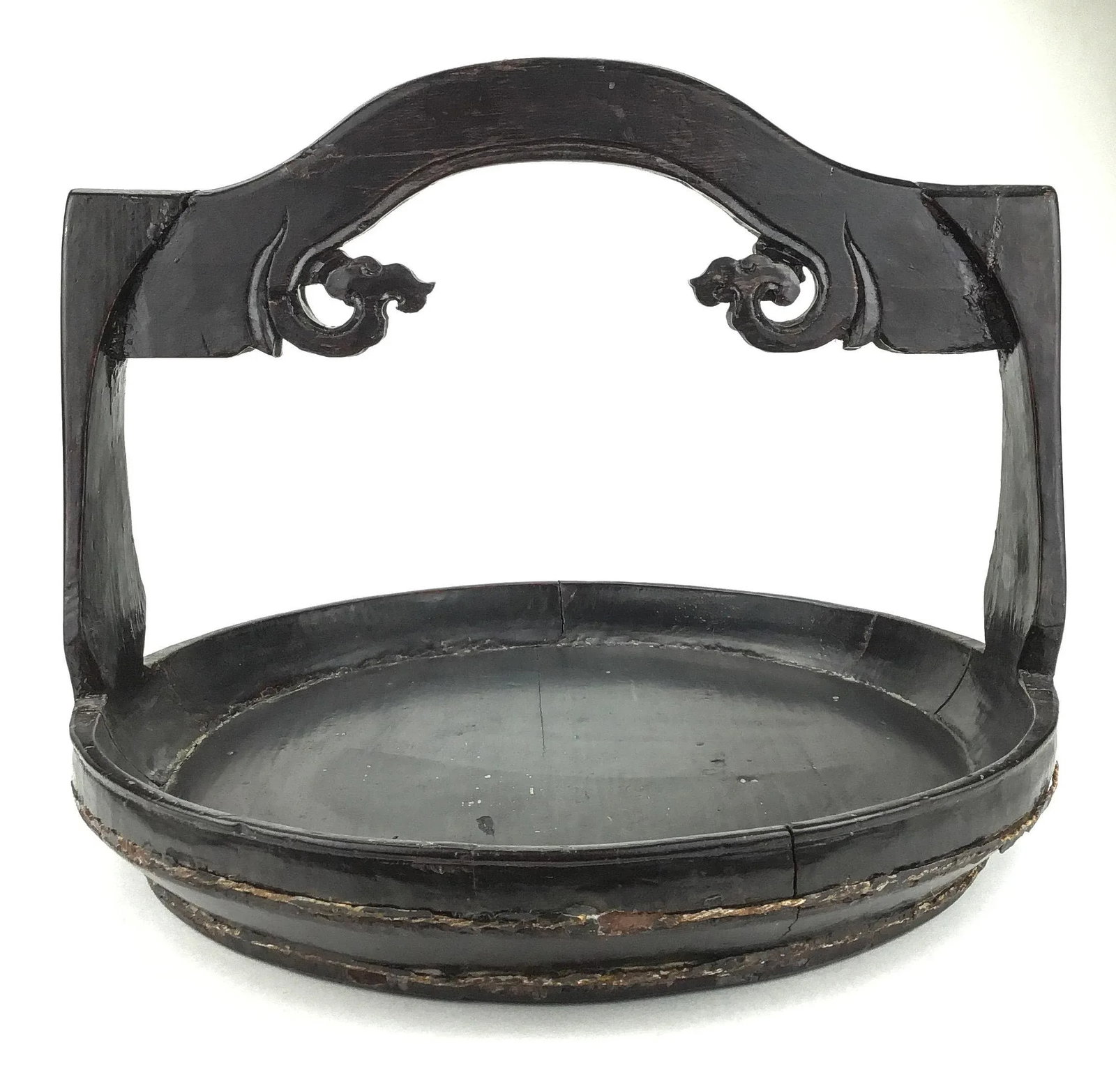 Chinese Antique Hand Carved Wood Presentation Platter or Cake Holder With Handle - 5