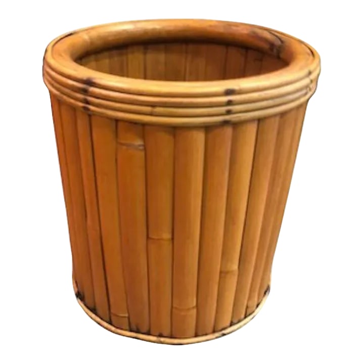 1960s Rattan and Bamboo Cachepot Vase: 1960's Mid Century Bamboo and Rattan Vase Plant holder. 11.50" Round x 12" High. Condition: Alterations: Original Condition Unaltered Imperfections: Some Imperfections Condition Notes: Vintage/