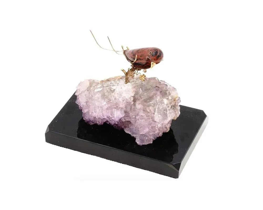 Vintage Jasper Bird With Gold Mounts on Amethyst Base - 2