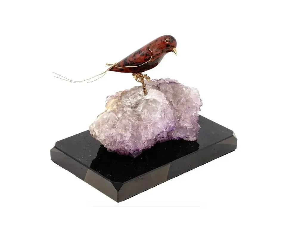 Vintage Jasper Bird With Gold Mounts on Amethyst Base - 3