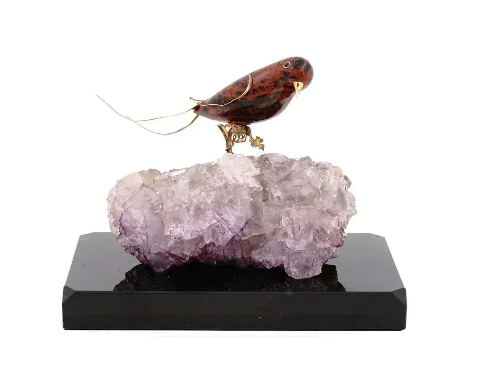 Vintage Jasper Bird With Gold Mounts on Amethyst Base - 5