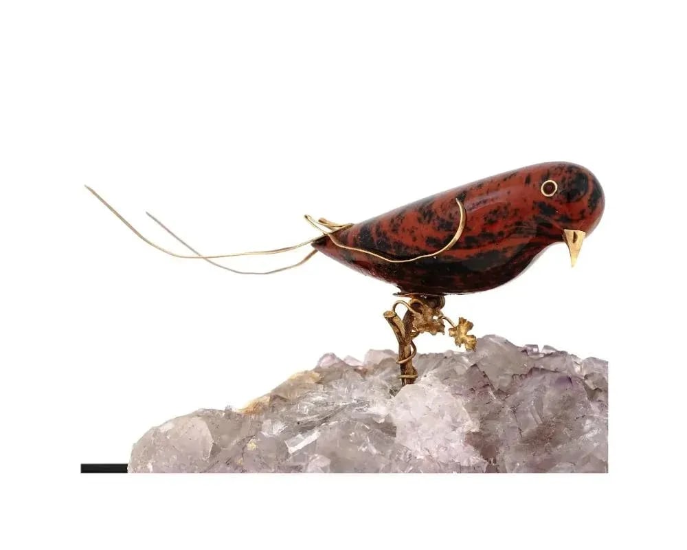 Vintage Jasper Bird With Gold Mounts on Amethyst Base - 7