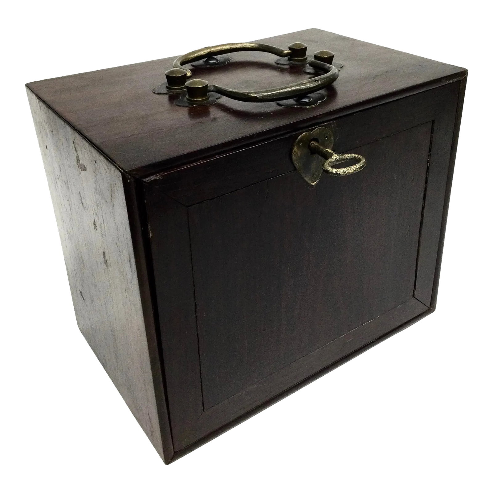 Antique Asian Rosewood Brass Locking Moneybox: This little box, has lots of surprises. First we find the 2 brass handles on the top of the box, then we spot the key. Turn it and pull gently to remove the hidden panel. Behind the hidden panel are