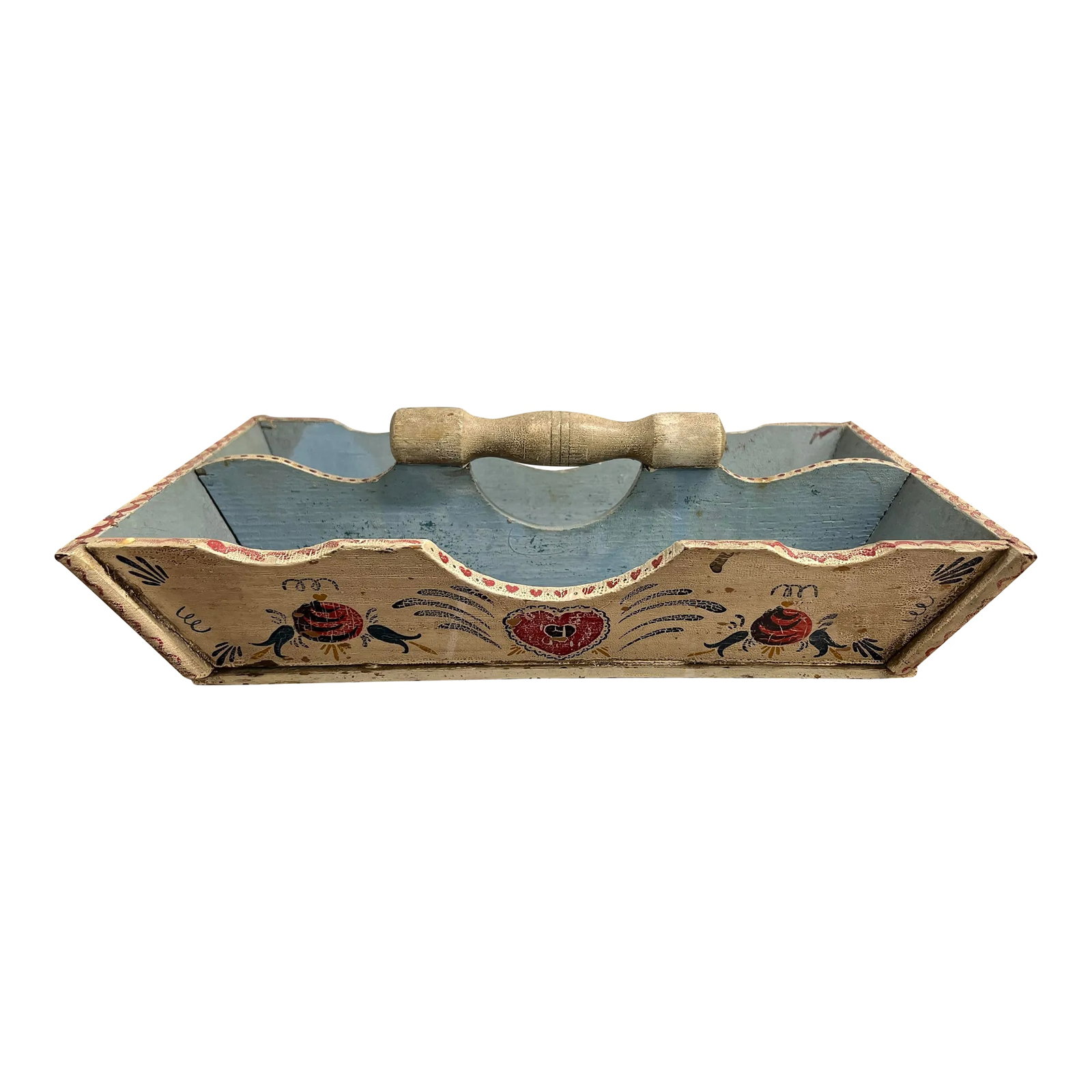 Fantastic American Paint Decorated Folk Art Cutlery Tray - Circa 1845: American, circa 1845. One of the finest quality folk art cutlery trays on the market. Not only does this piece have its original robin's egg blue paint to interior and underside, but it also has a