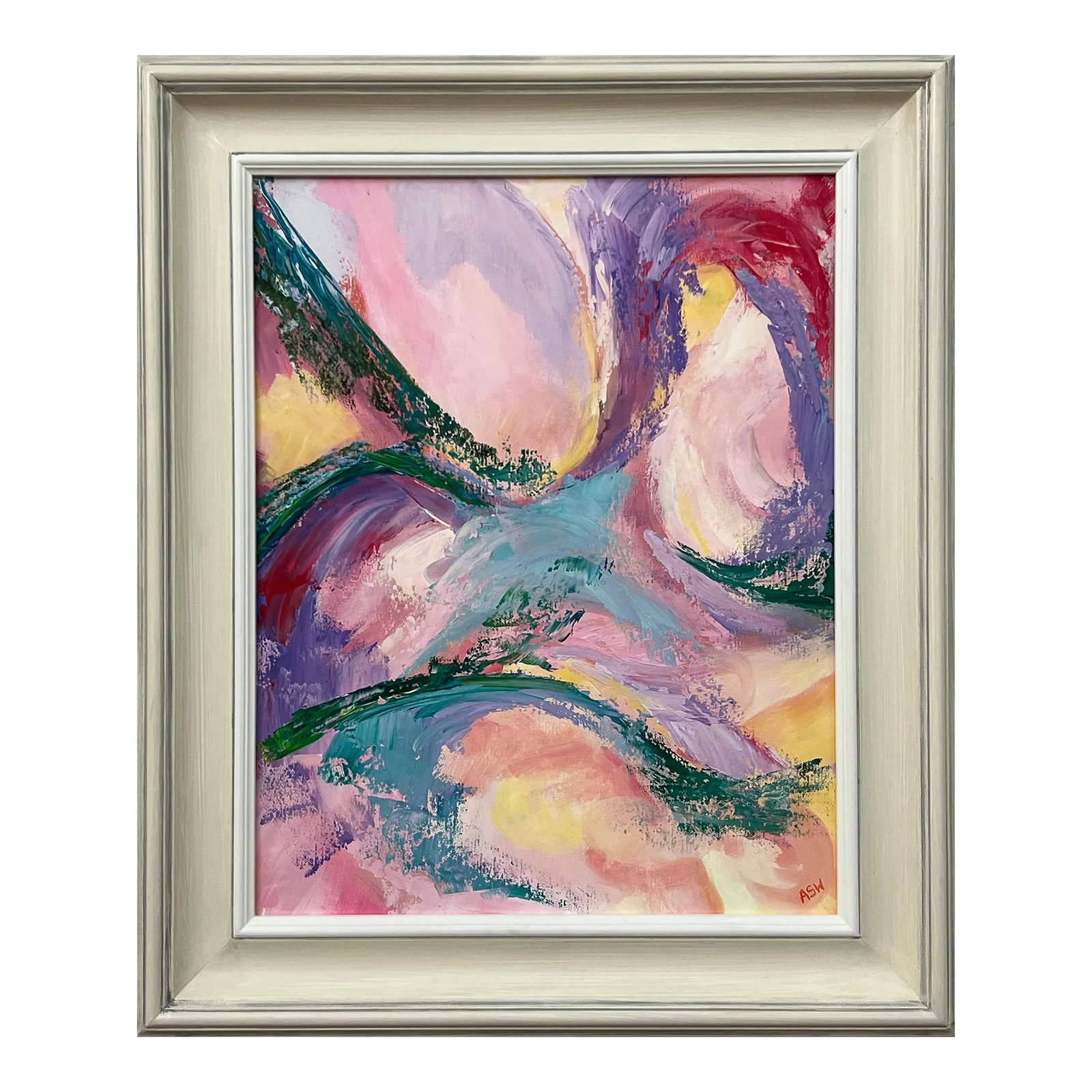 Abstract Lilac Turquoise Red Pink & Green Canvas Art by Contemporary Artist: Abstract Lilac Turquoise Red Pink & Green Canvas Art by British Contemporary Artist, Angela Wakefield. This original is from the 'Spring Burst' Interior Design Series. Framed in a high quality