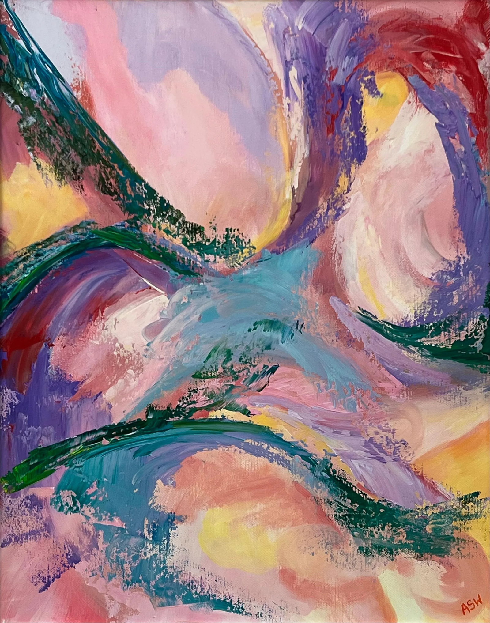 Abstract Lilac Turquoise Red Pink & Green Canvas Art by Contemporary Artist - 5
