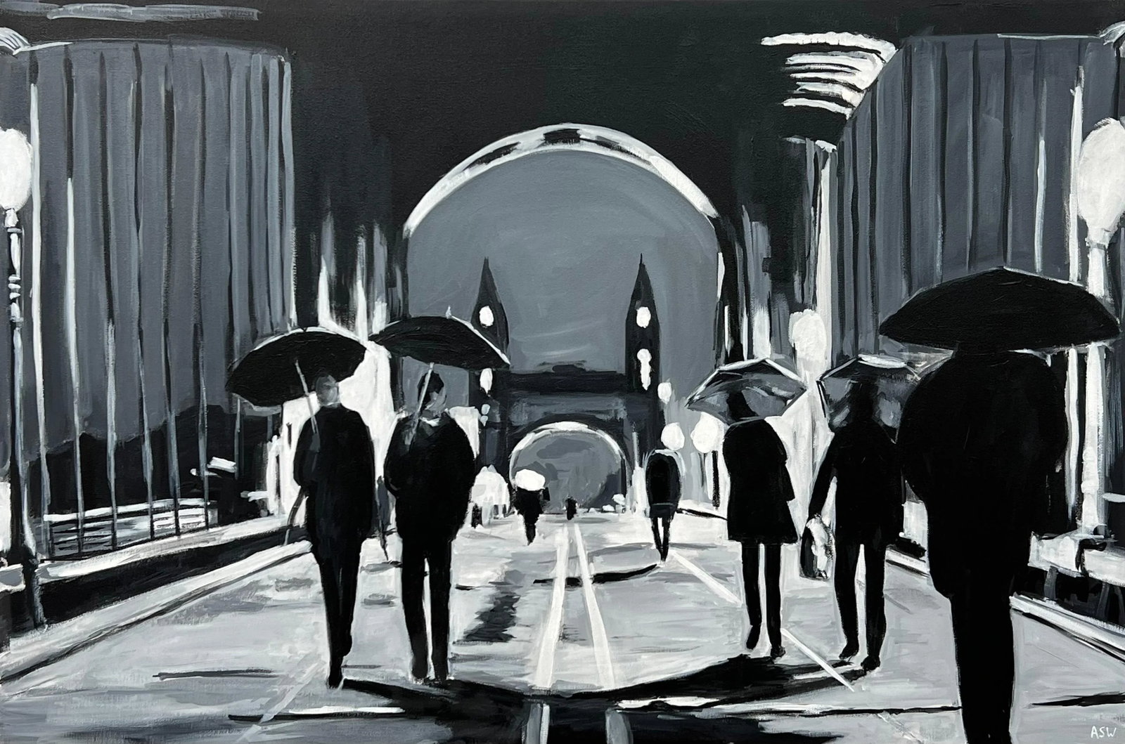 Black & White Painting of Hammersmith Bridge in London - Unique Original Art by British Urban Landsc: Black & White Painting of Figures at Hammersmith Bridge in London - a unique original from leading British Urban Landscape & Cityscape Artist, Angela Wakefield. Art measures 36 x 24 inches Angela