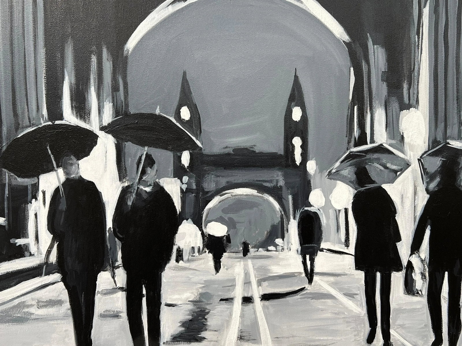 Black & White Painting of Hammersmith Bridge in London - Unique Original Art by British Urban Landsc - 9