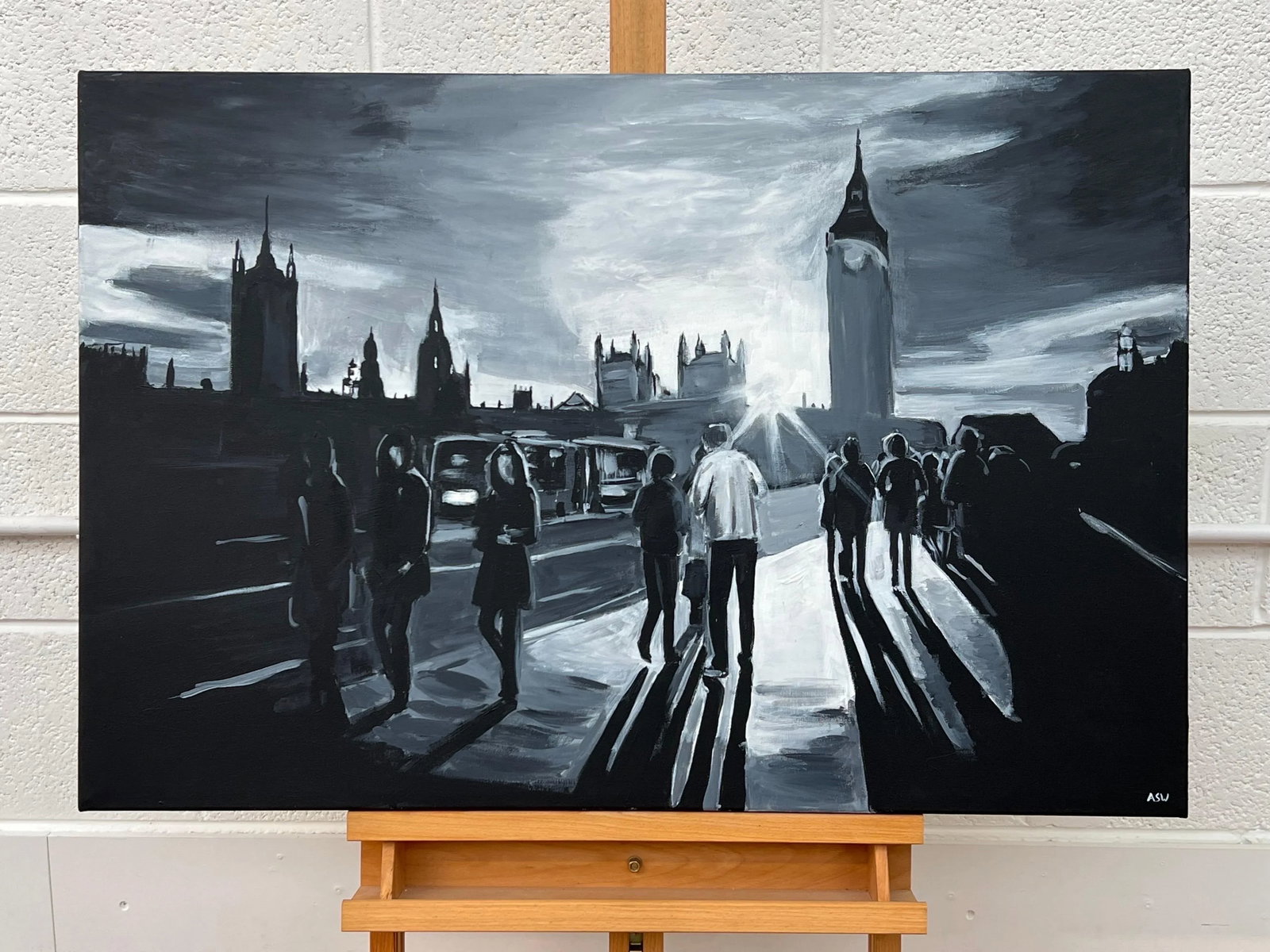 Black & White Painting of Westminster Bridge in London - Unique Original Art by British Urban Landsc - 3