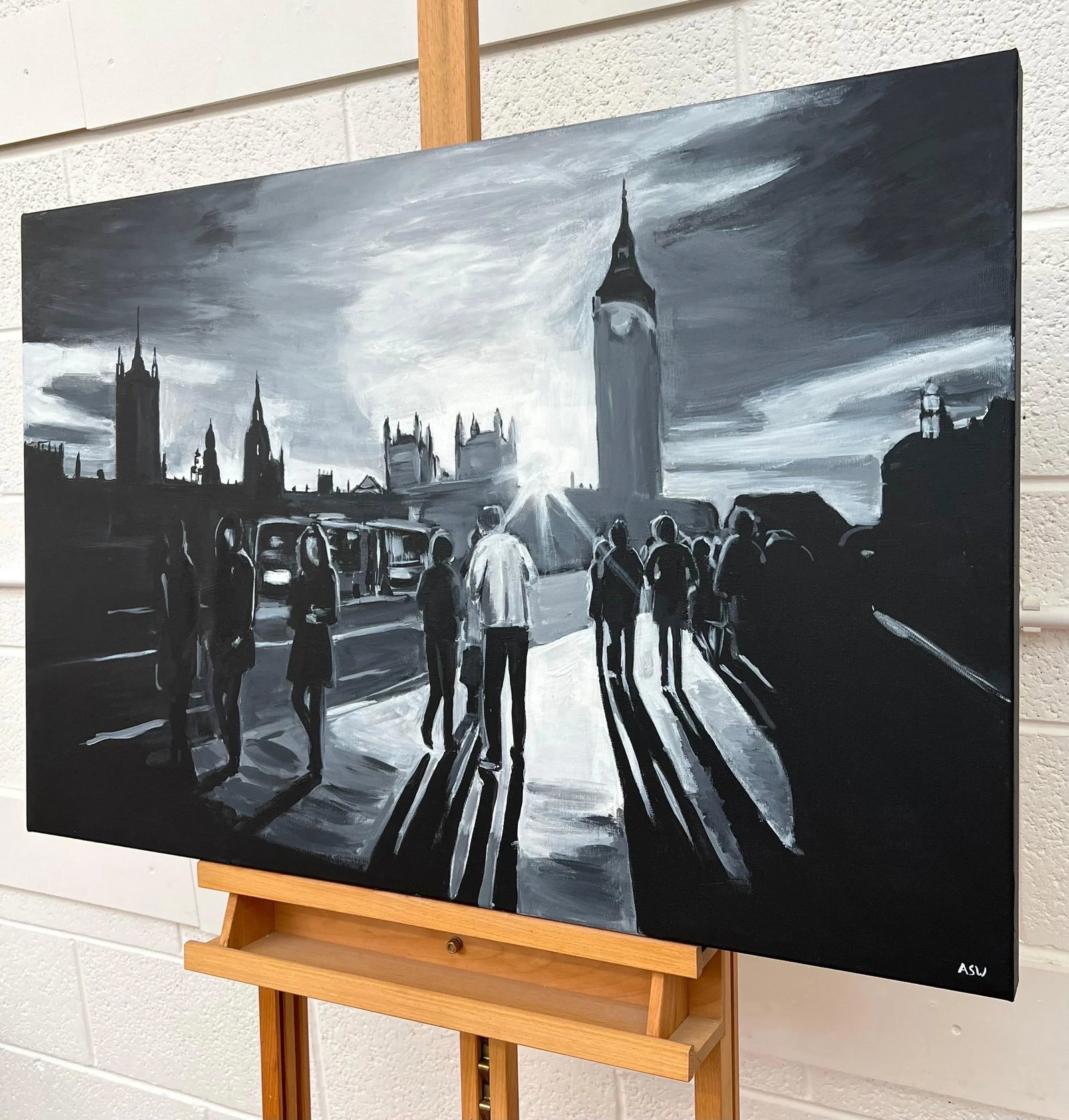 Black & White Painting of Westminster Bridge in London - Unique Original Art by British Urban Landsc - 4